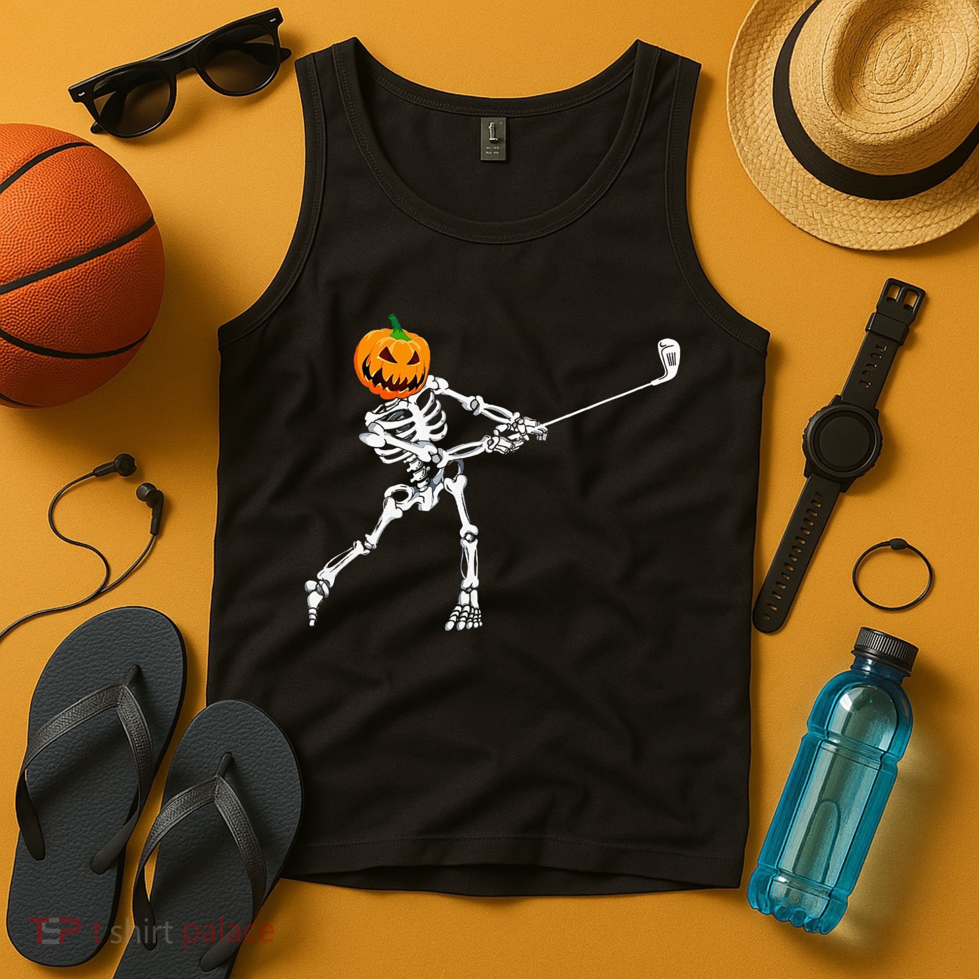 Skeleton Golf Halloween Pumpkin Golfing Golfer Tank Top