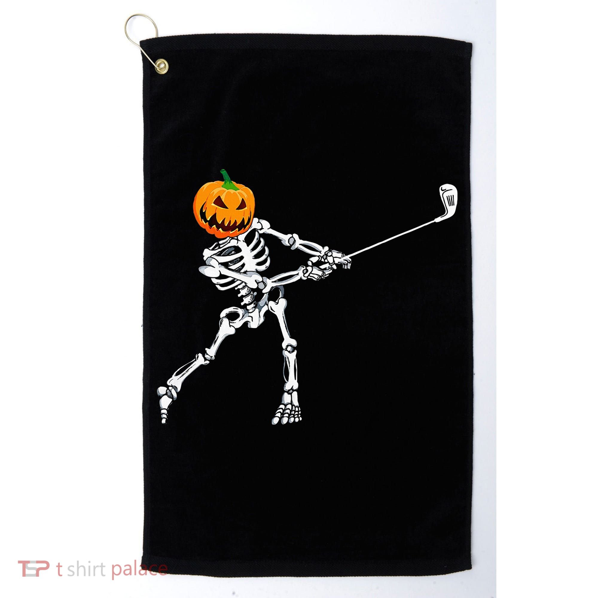 Skeleton Golf Halloween Pumpkin Golfing Golfer Golf Towel