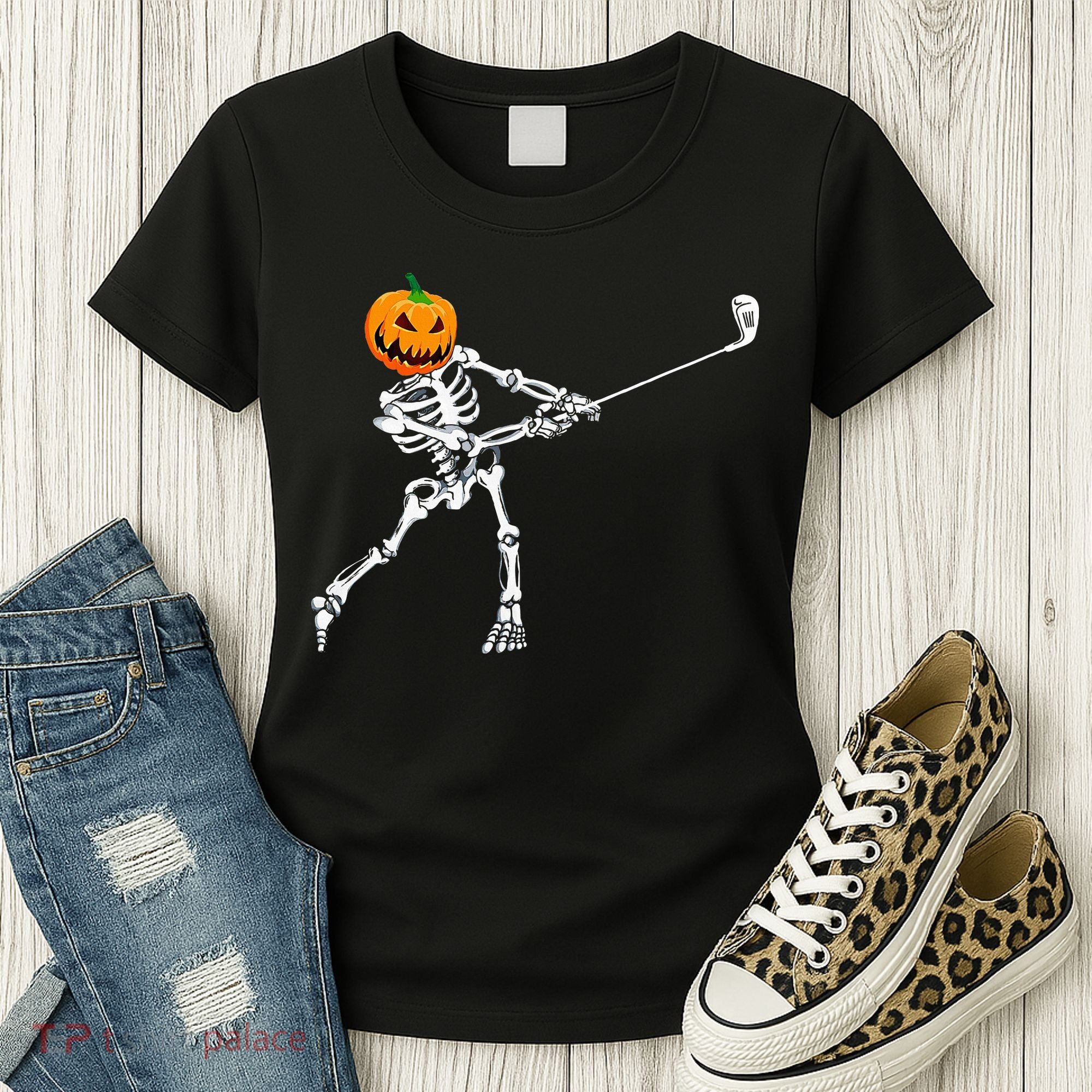 Skeleton Golf Halloween Pumpkin Golfing Golfer Women's T-Shirt