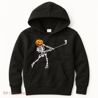 Skeleton Golf Halloween Pumpkin Golfing Golfer Kids Hoodie