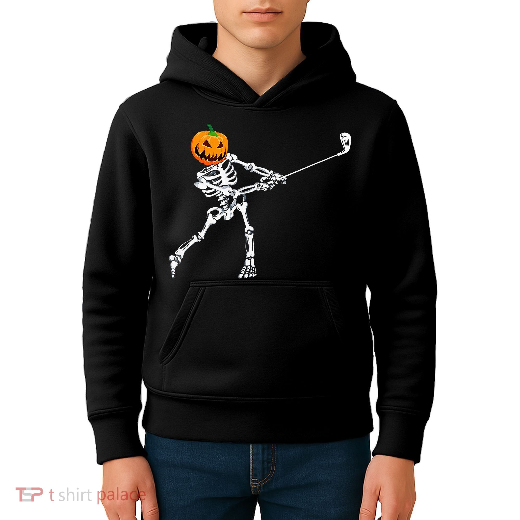 Skeleton Golf Halloween Pumpkin Golfing Golfer Kids Hoodie