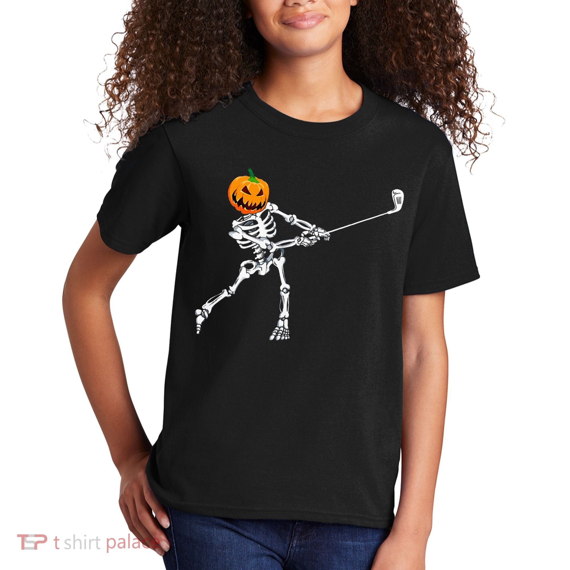 Skeleton Golf Halloween Pumpkin Golfing Golfer Kids T-Shirt