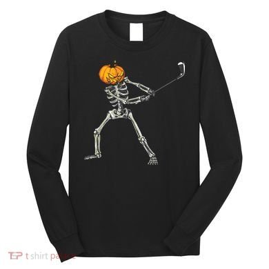 Skeleton Golf Halloween Pumpkin Golfing Golfer Long Sleeve Shirt