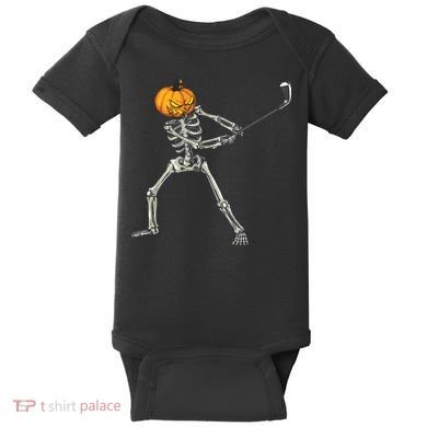 Skeleton Golf Halloween Pumpkin Golfing Golfer Baby Bodysuit