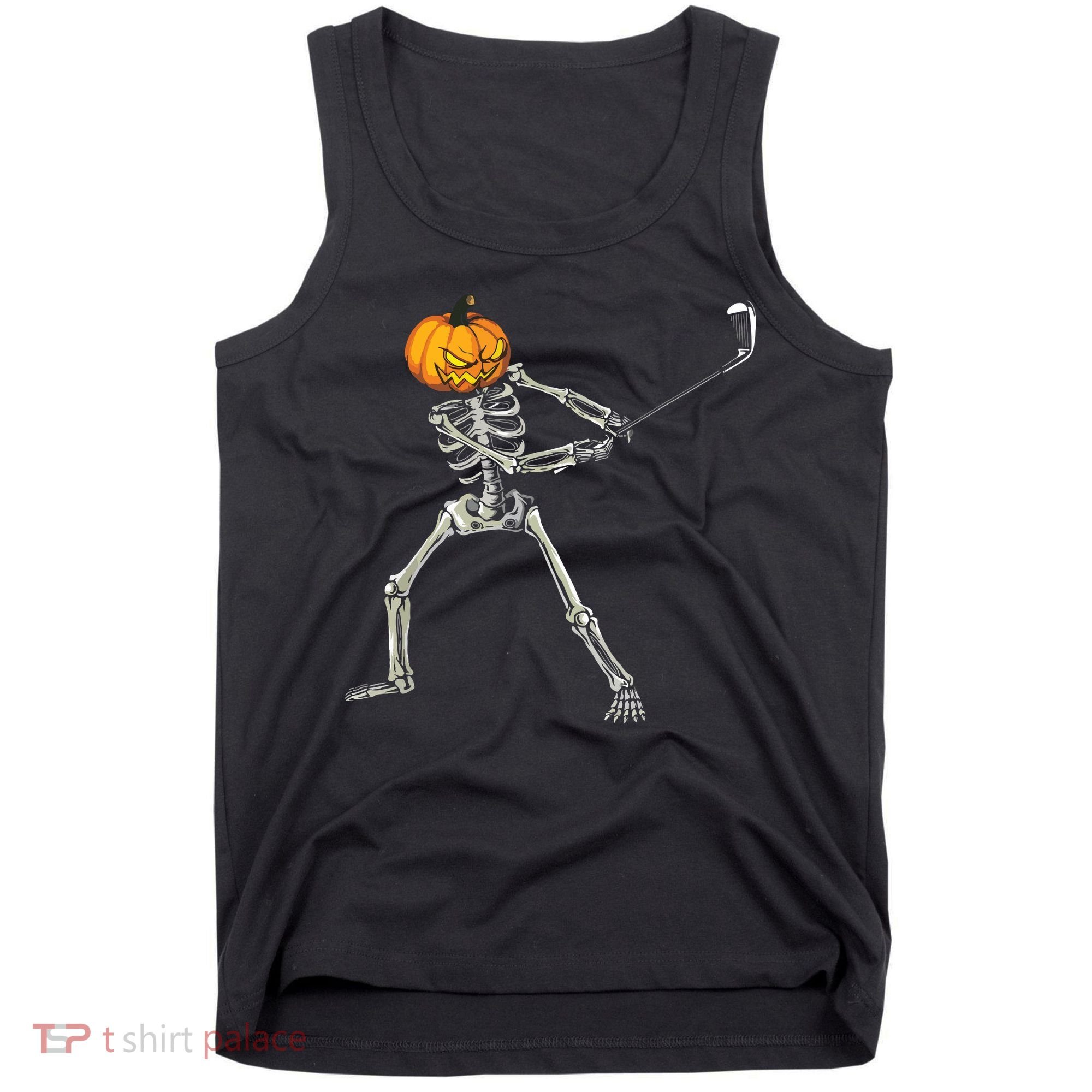 Skeleton Golf Halloween Pumpkin Golfing Golfer Tank Top