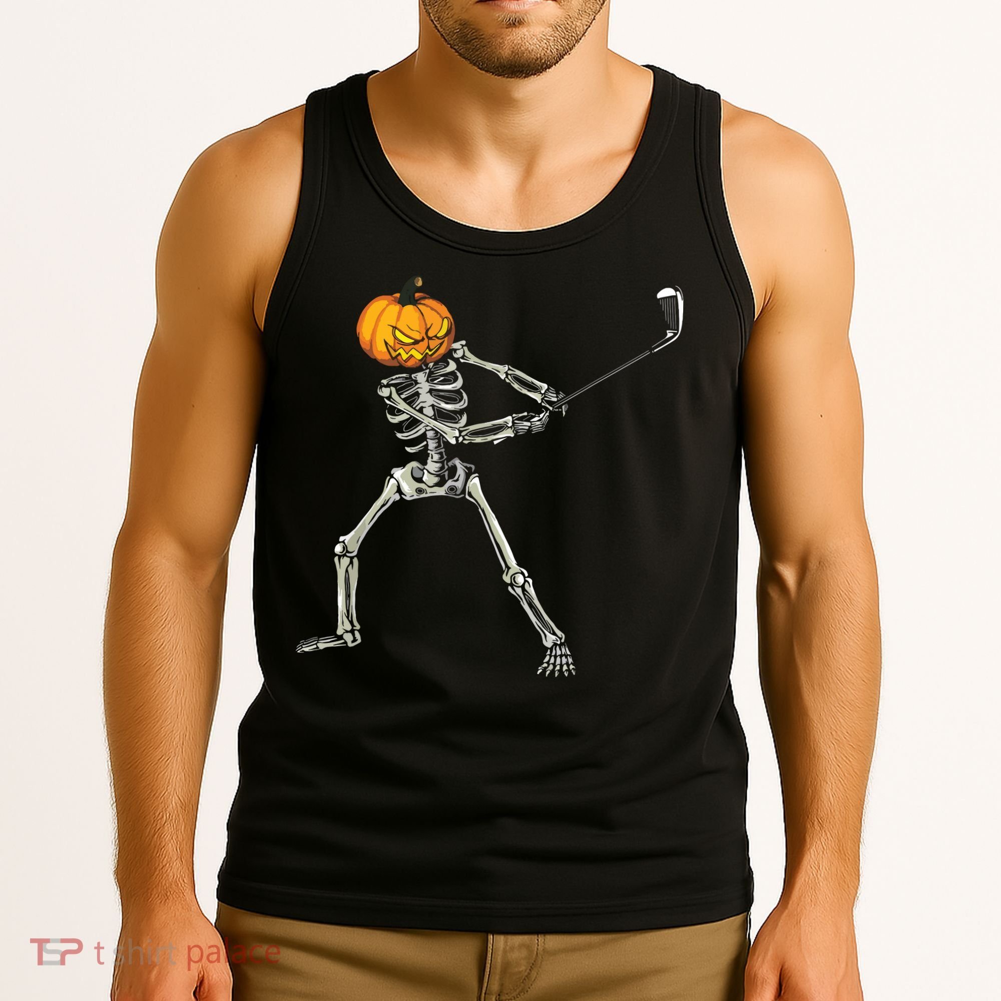 Skeleton Golf Halloween Pumpkin Golfing Golfer Tank Top
