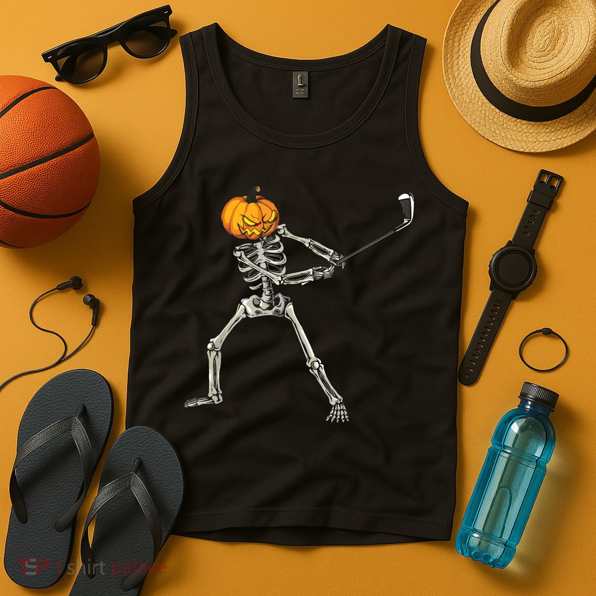 Skeleton Golf Halloween Pumpkin Golfing Golfer Tank Top