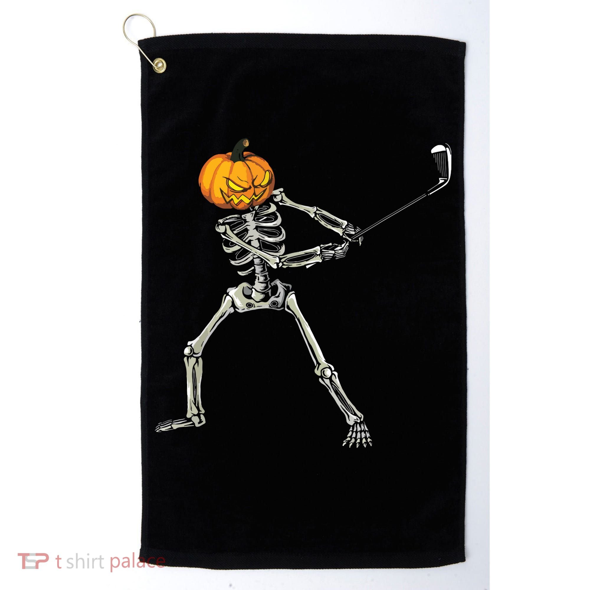 Skeleton Golf Halloween Pumpkin Golfing Golfer Golf Towel