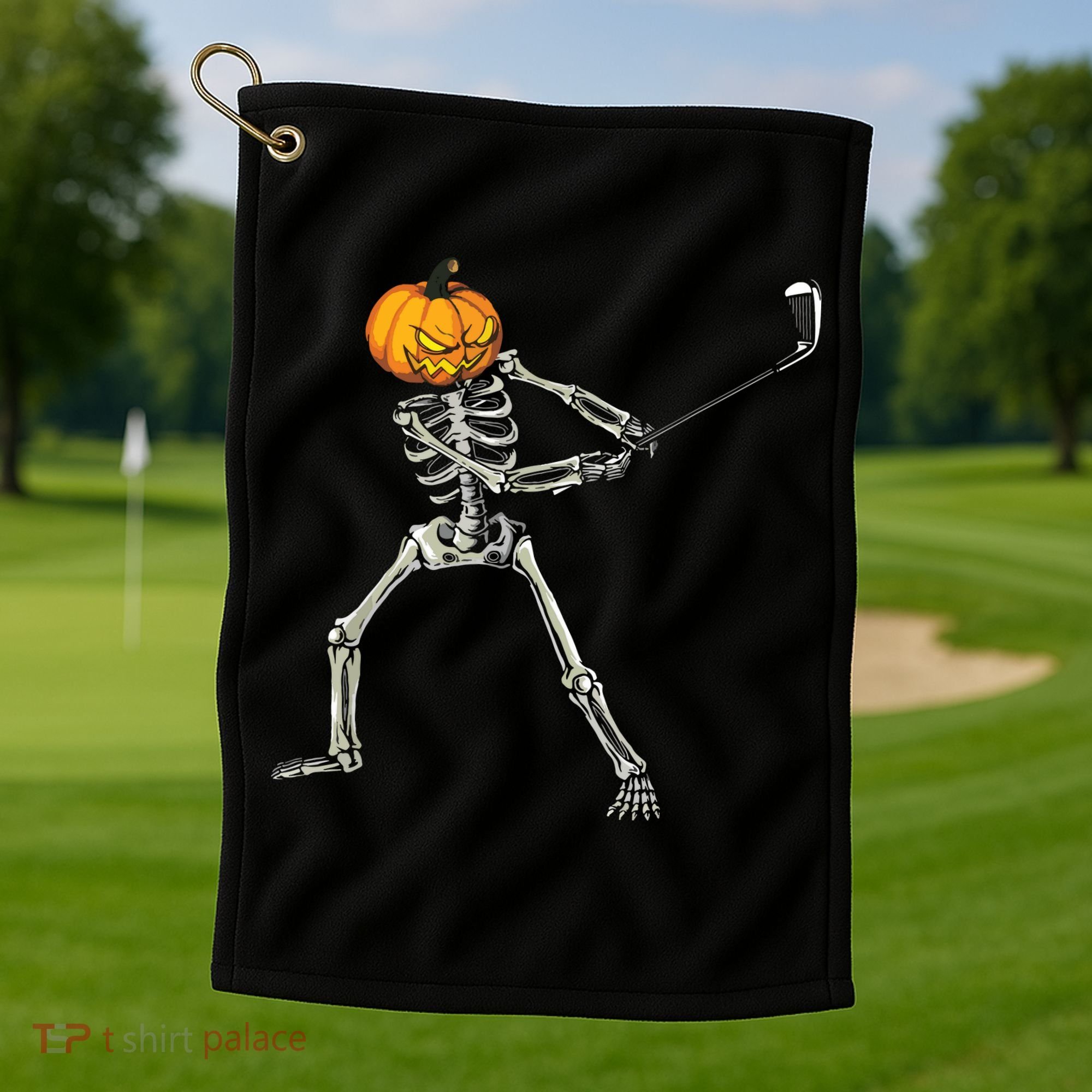 Skeleton Golf Halloween Pumpkin Golfing Golfer Golf Towel