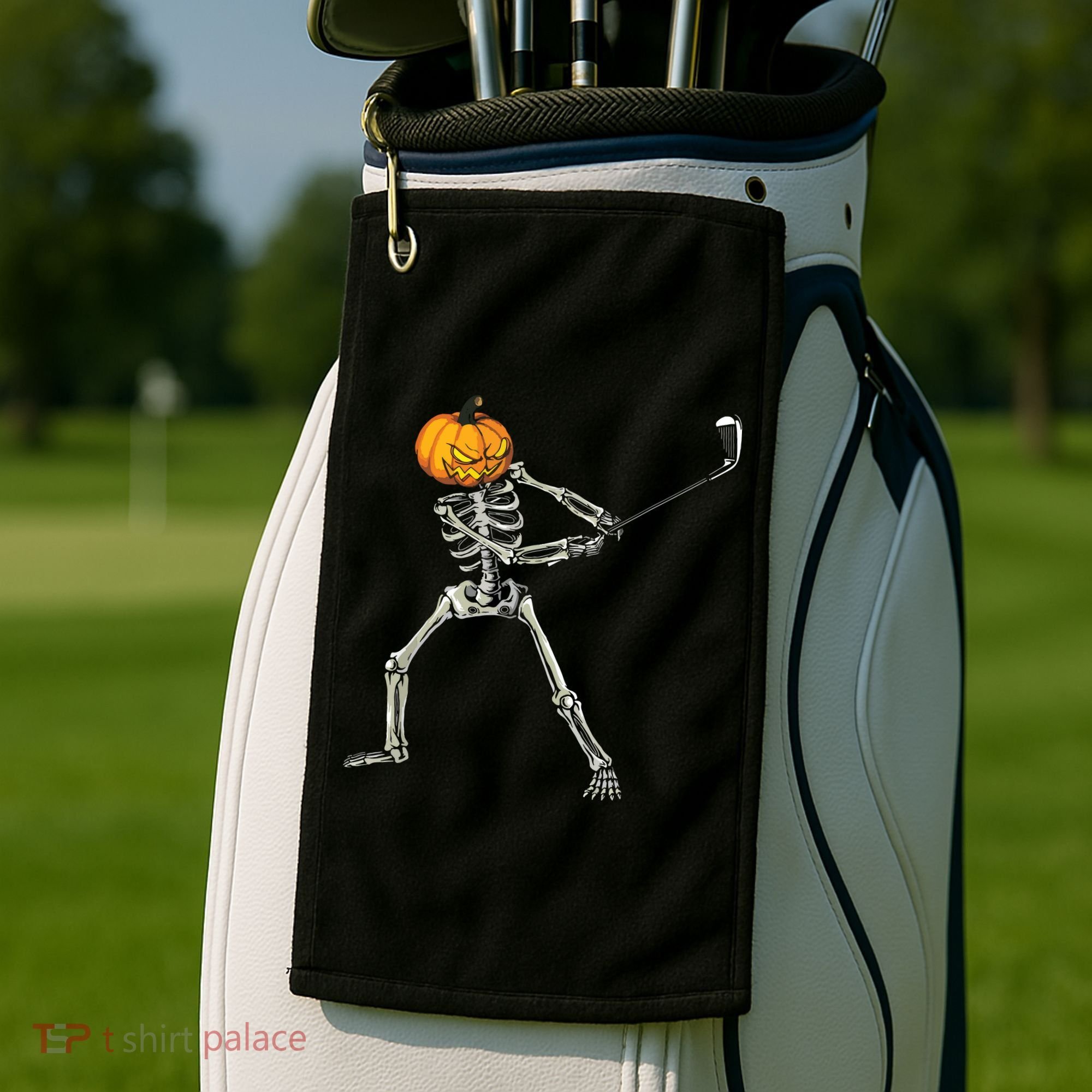 Skeleton Golf Halloween Pumpkin Golfing Golfer Golf Towel