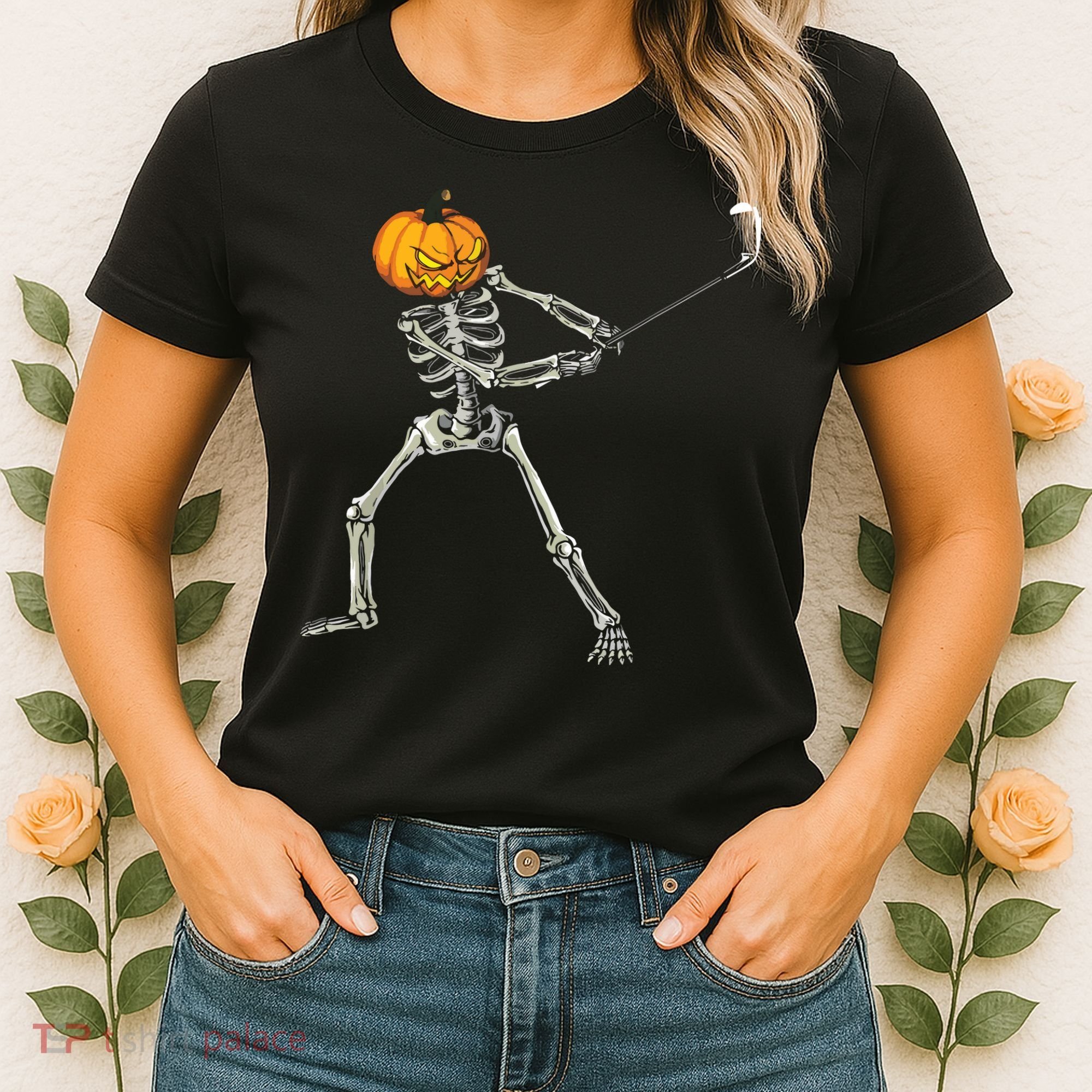 Skeleton Golf Halloween Pumpkin Golfing Golfer Women's T-Shirt