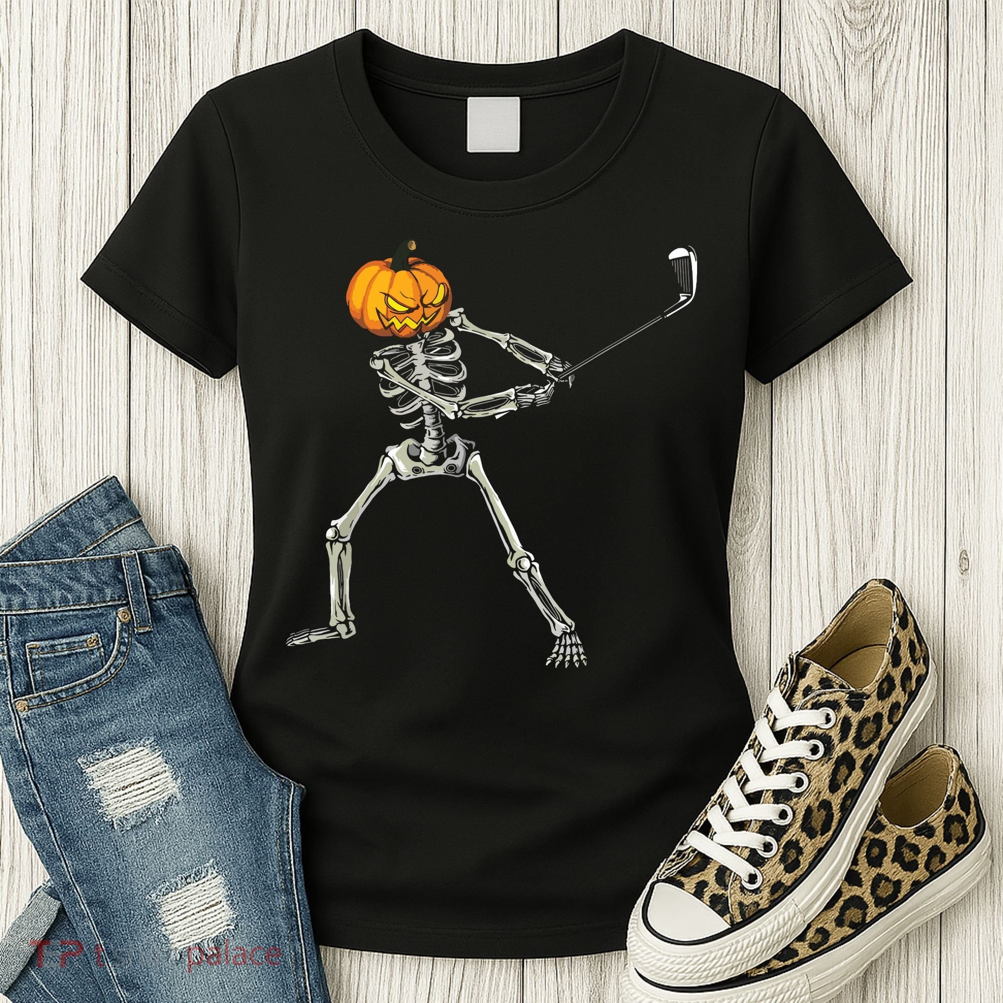 Skeleton Golf Halloween Pumpkin Golfing Golfer Women's T-Shirt