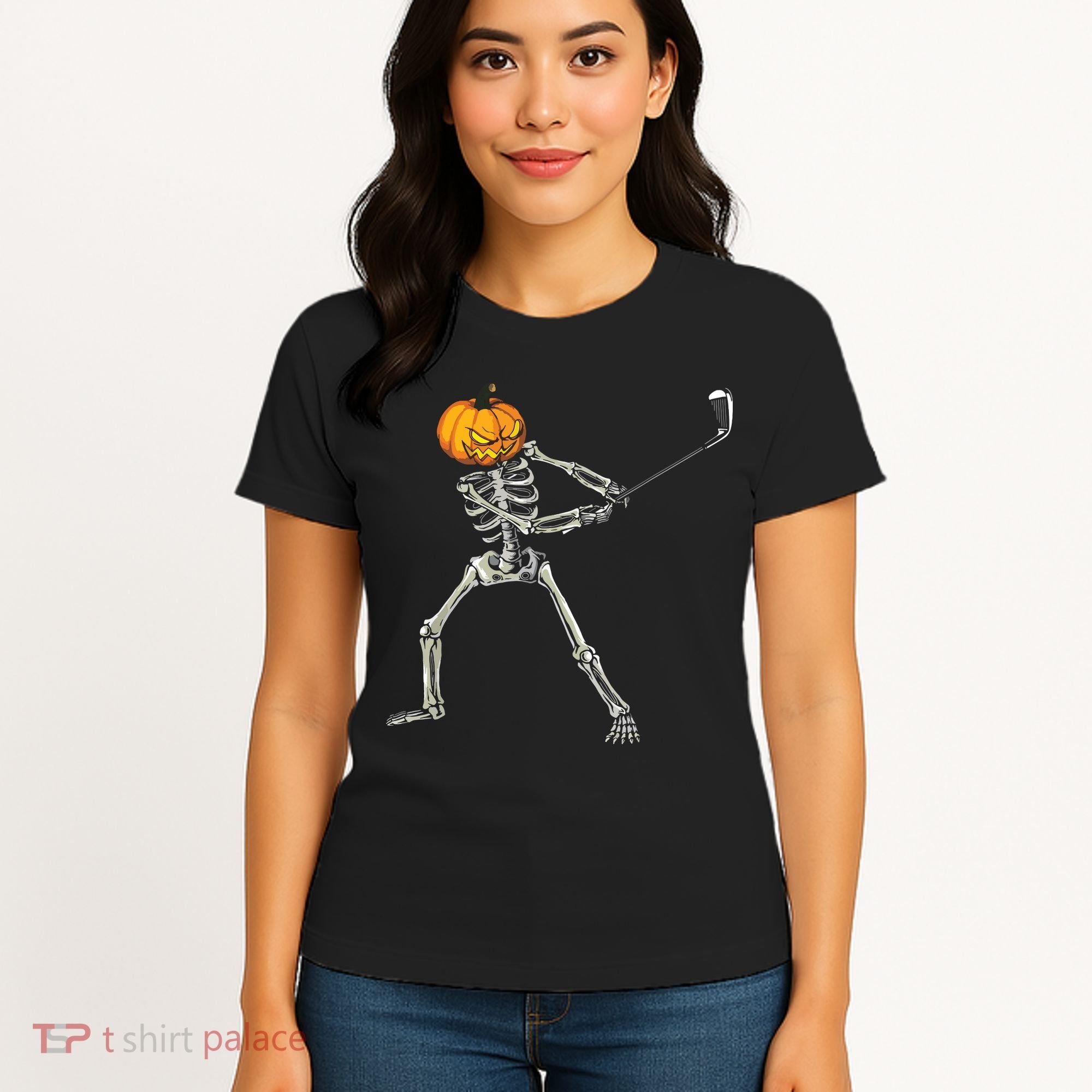 Skeleton Golf Halloween Pumpkin Golfing Golfer Women's T-Shirt