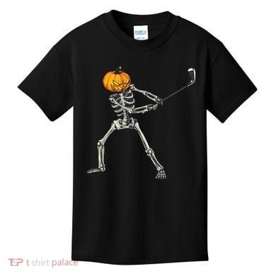 Skeleton Golf Halloween Pumpkin Golfing Golfer Kids T-Shirt