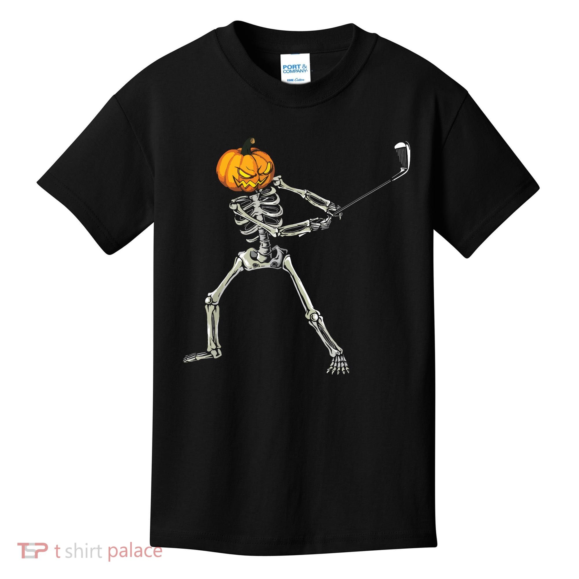 Skeleton Golf Halloween Pumpkin Golfing Golfer Kids T-Shirt