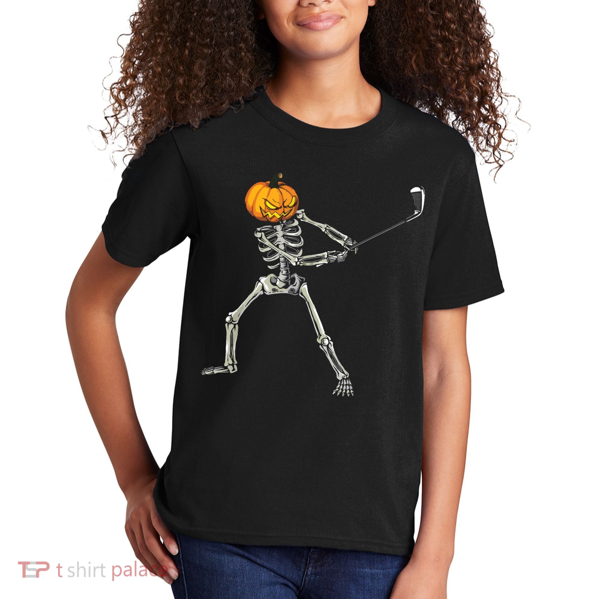 Skeleton Golf Halloween Pumpkin Golfing Golfer Kids T-Shirt