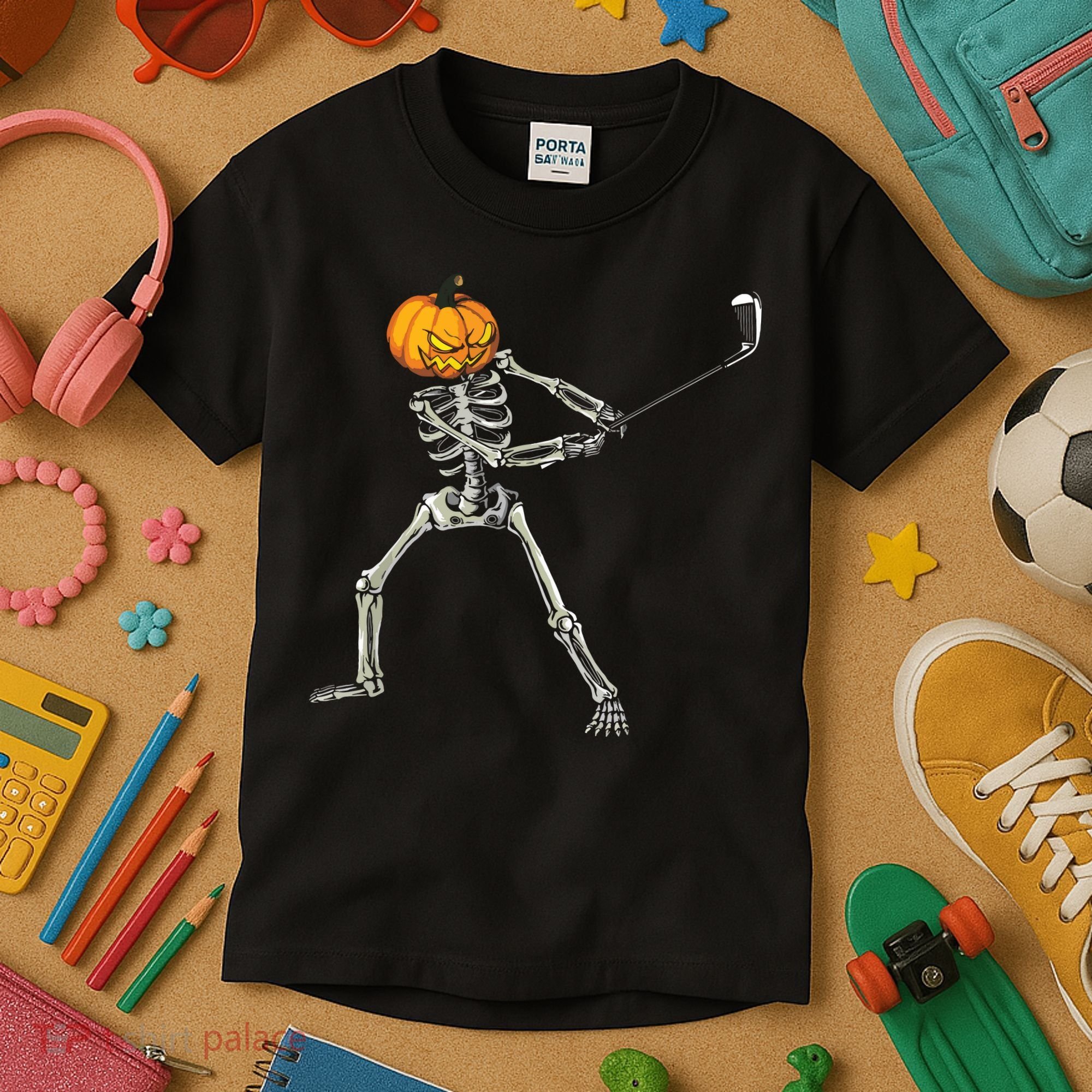 Skeleton Golf Halloween Pumpkin Golfing Golfer Kids T-Shirt