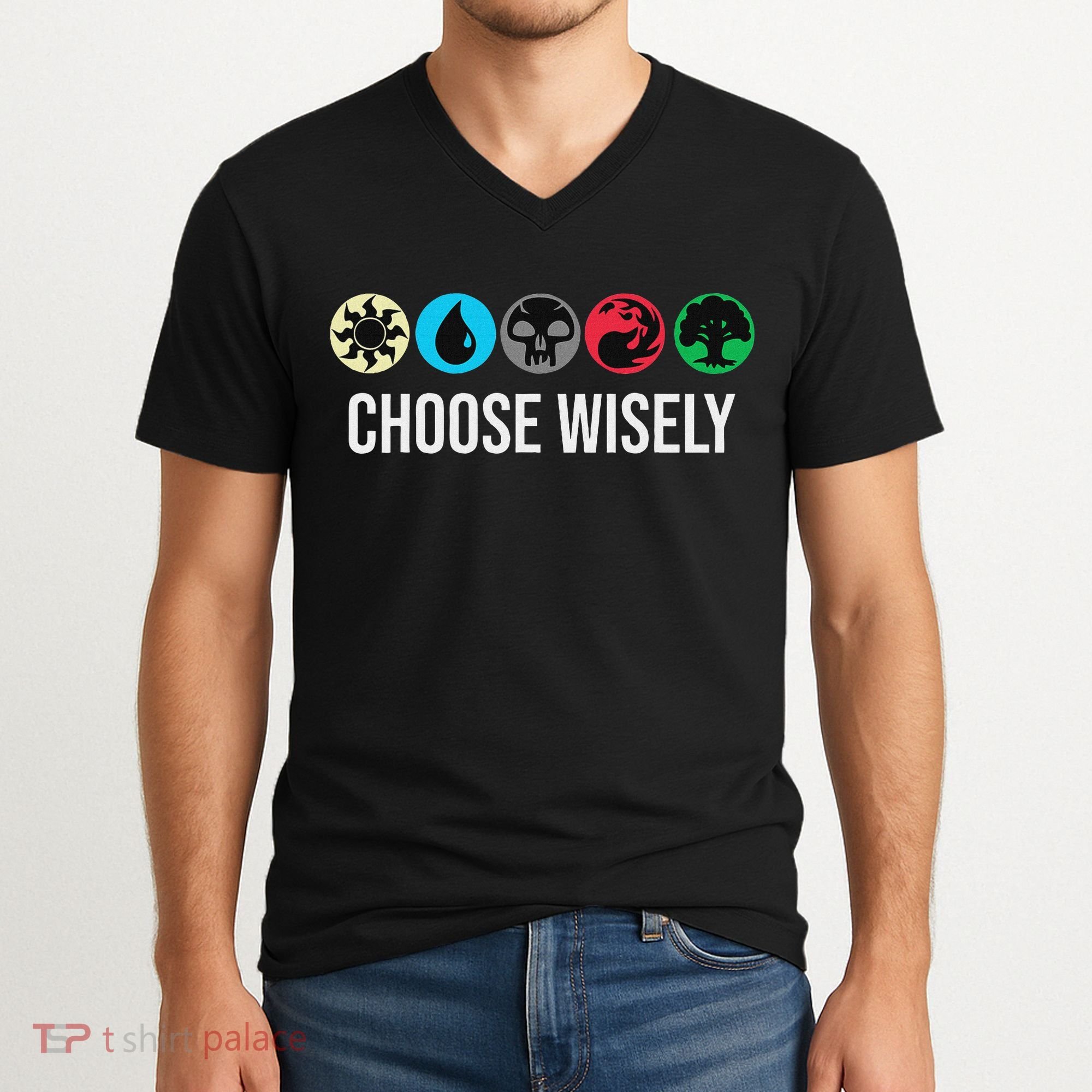 Symbols Gathering Magic Choose Wisely Blue Red Green V-Neck T-Shirt