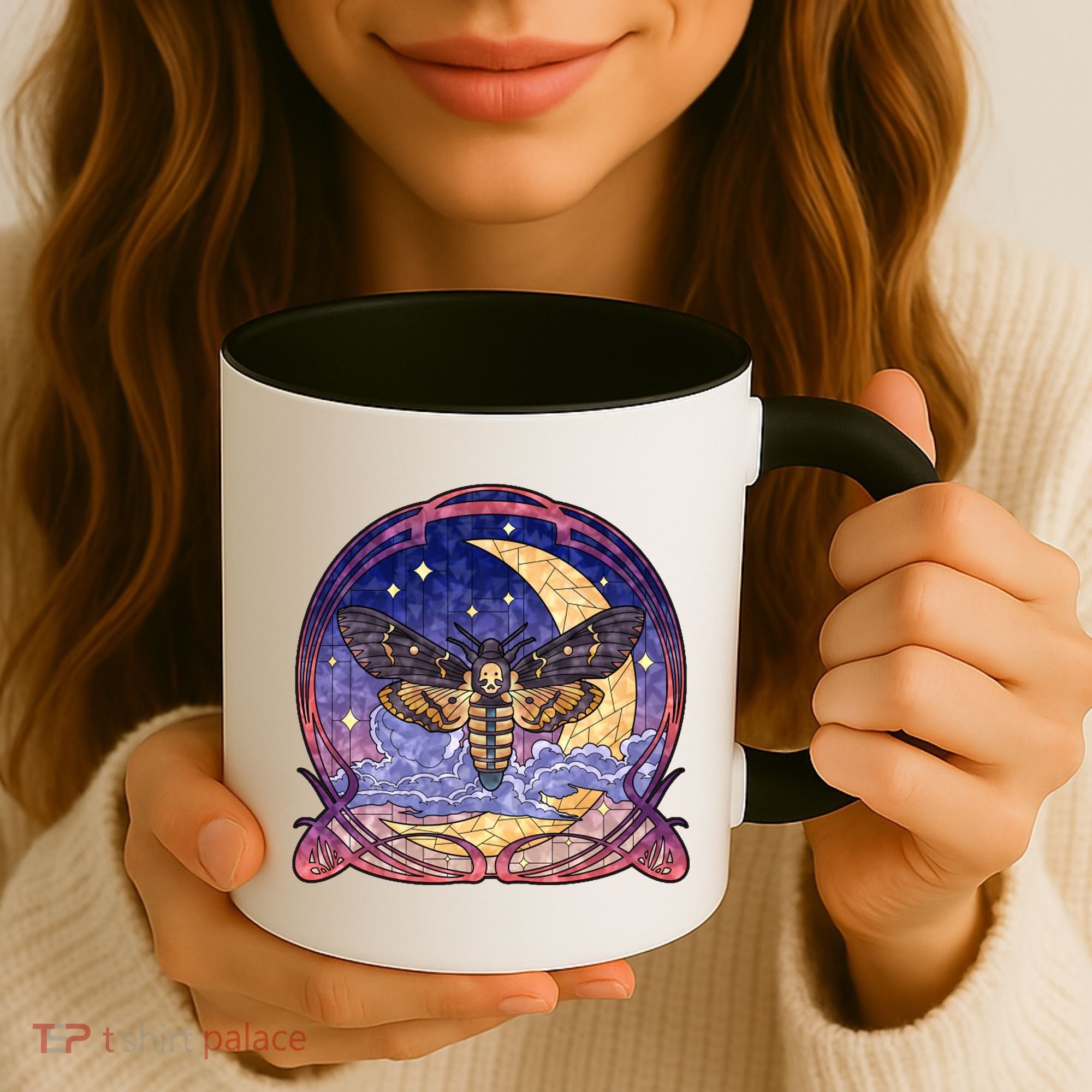 Stained Glass Moth Butterfly Moon Crest Coffee Mug