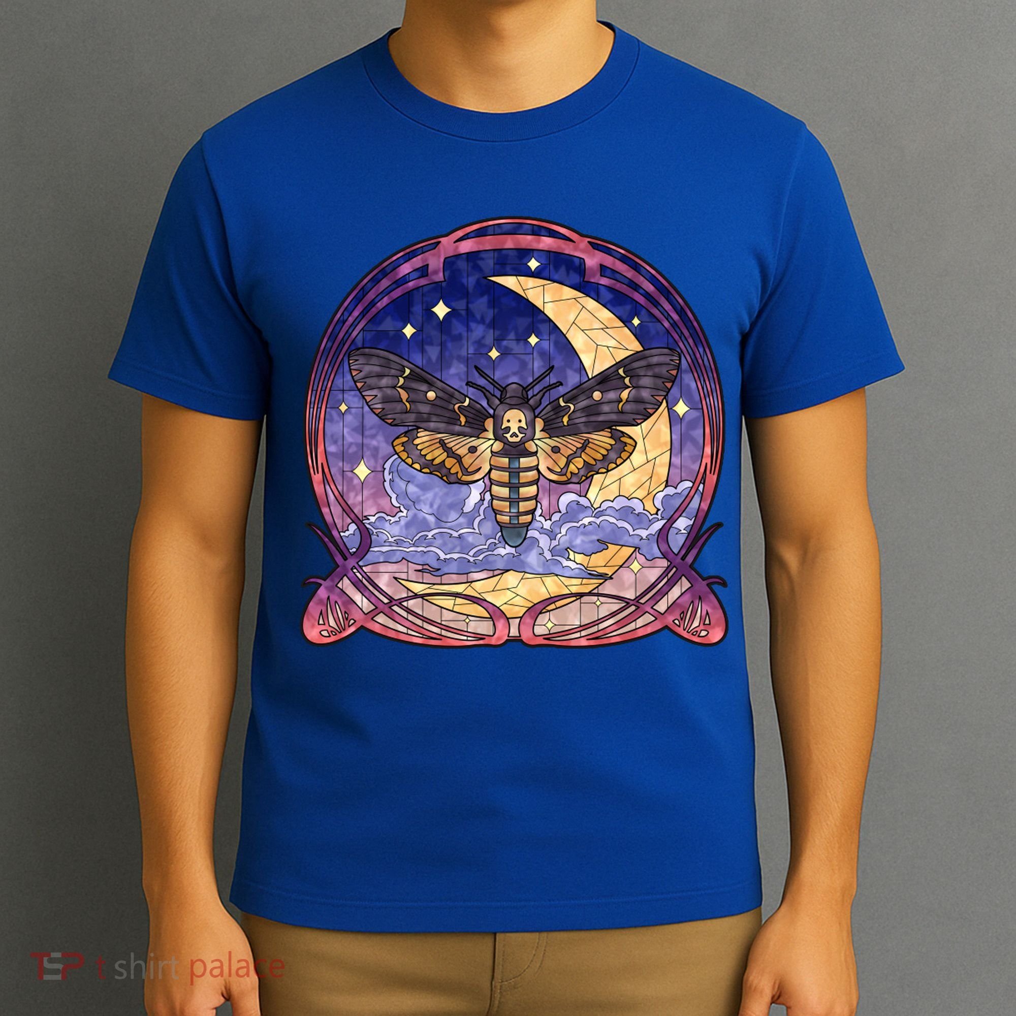 Stained Glass Moth Butterfly Moon Crest T-Shirt
