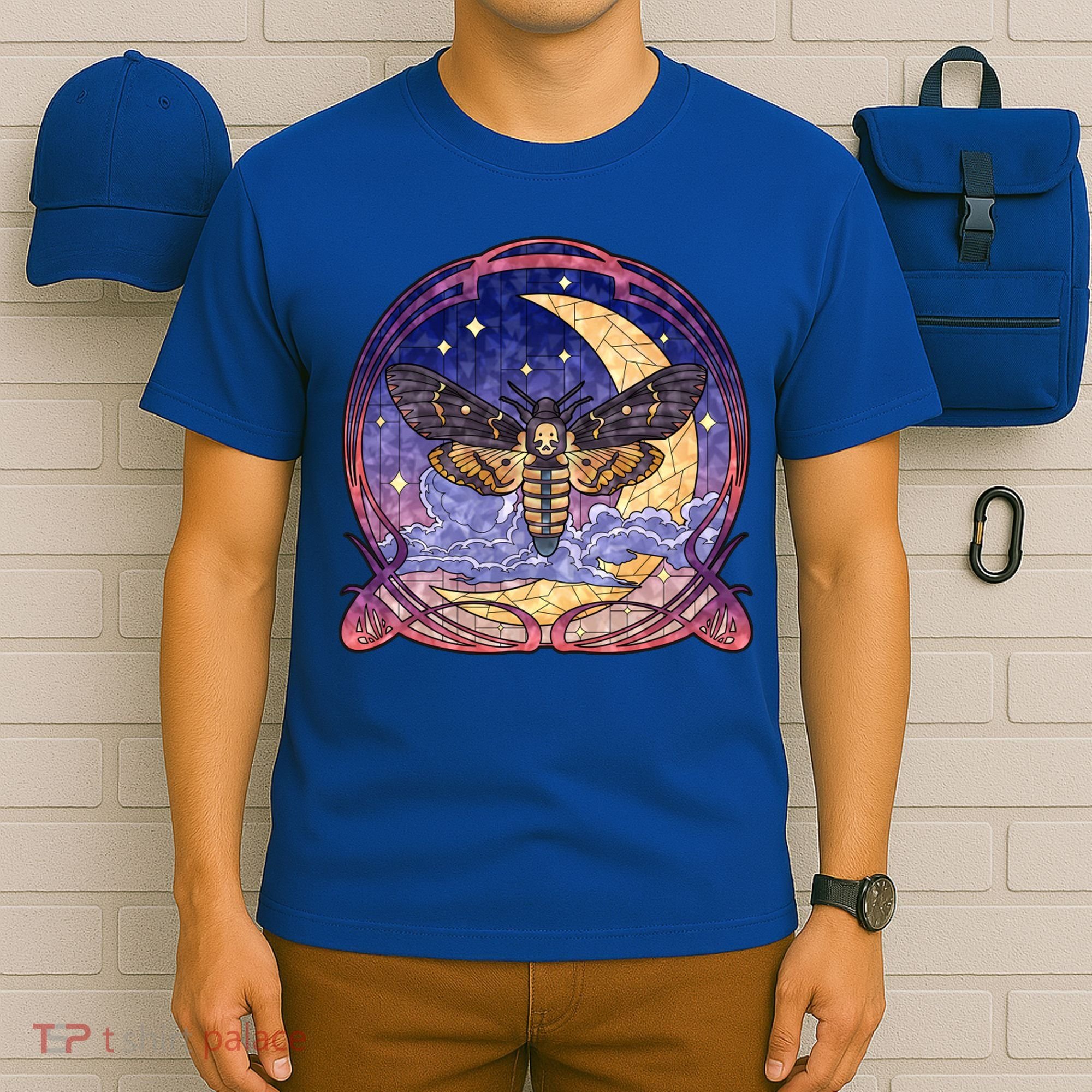 Stained Glass Moth Butterfly Moon Crest T-Shirt
