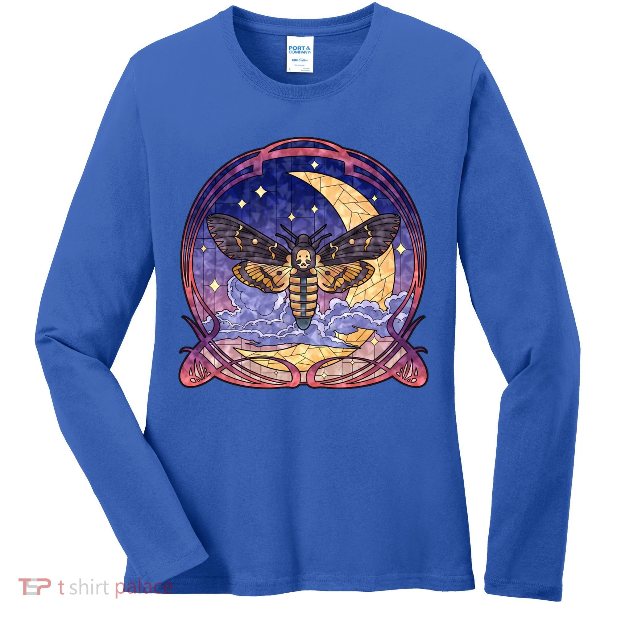 Stained Glass Moth Butterfly Moon Crest Women's Long Sleeve Shirt