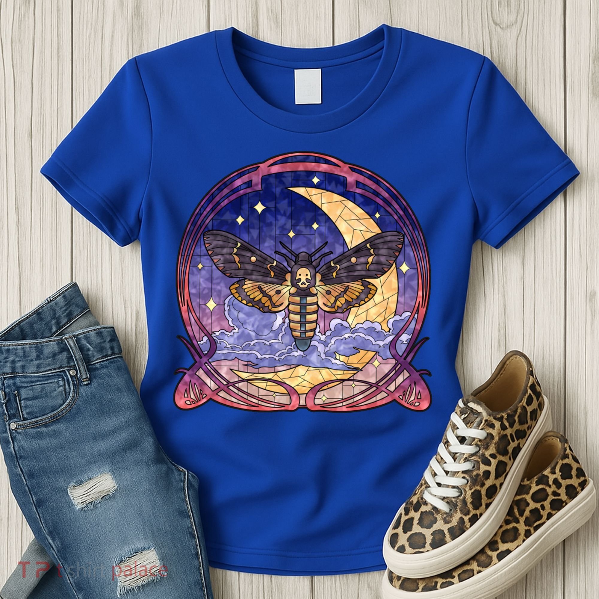 Stained Glass Moth Butterfly Moon Crest Women's T-Shirt