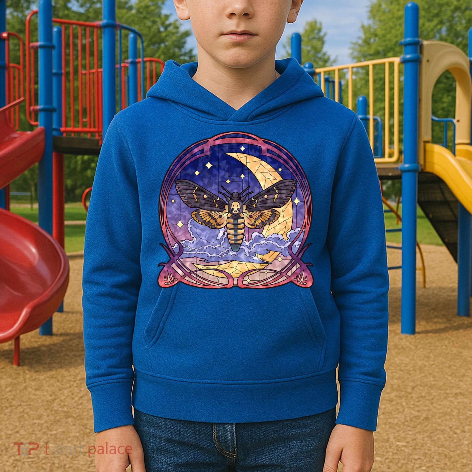 Stained Glass Moth Butterfly Moon Crest Kids Hoodie