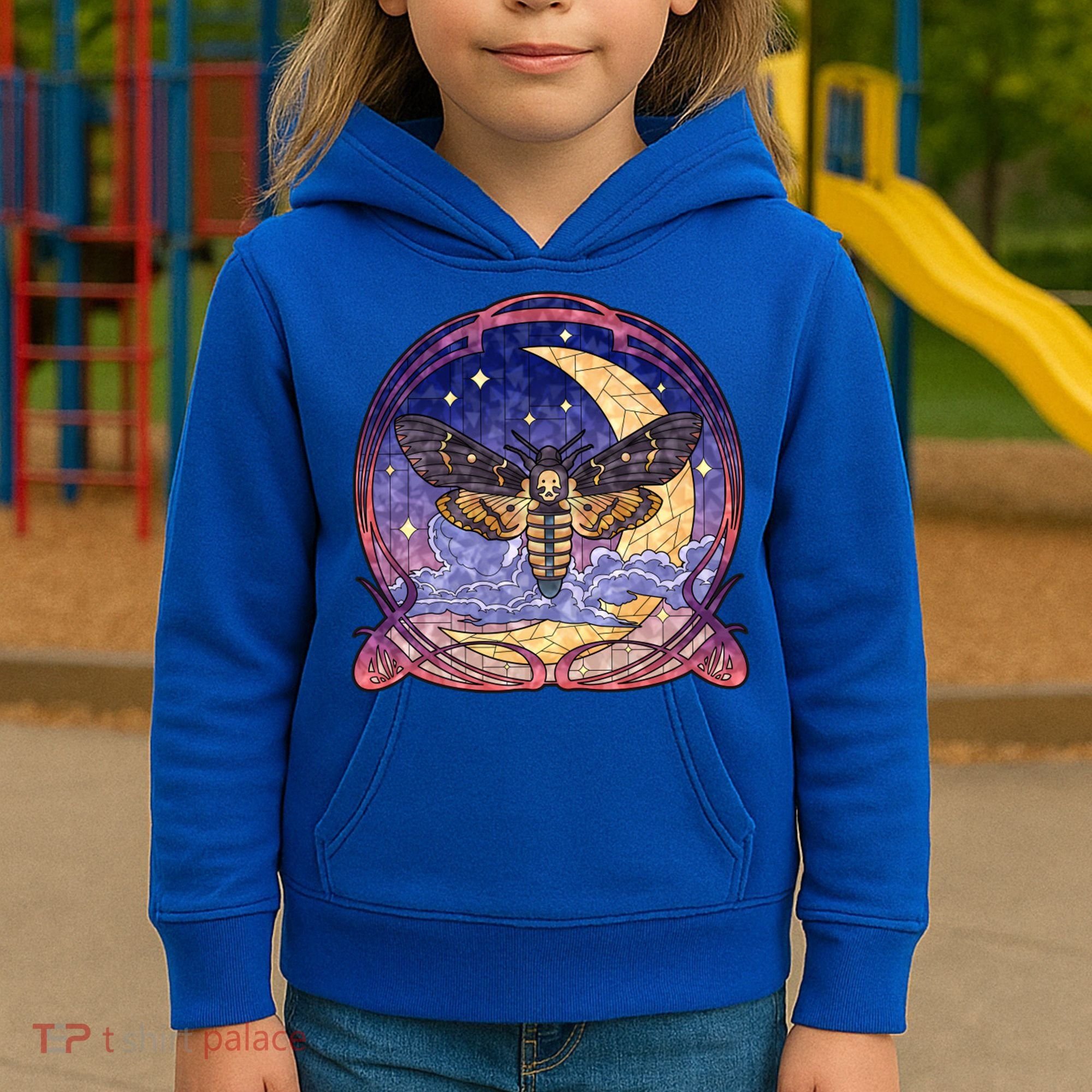 Stained Glass Moth Butterfly Moon Crest Kids Hoodie