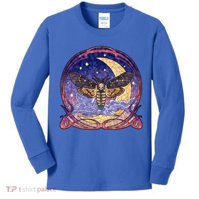 Stained Glass Moth Butterfly Moon Crest Kids Long Sleeve Shirt