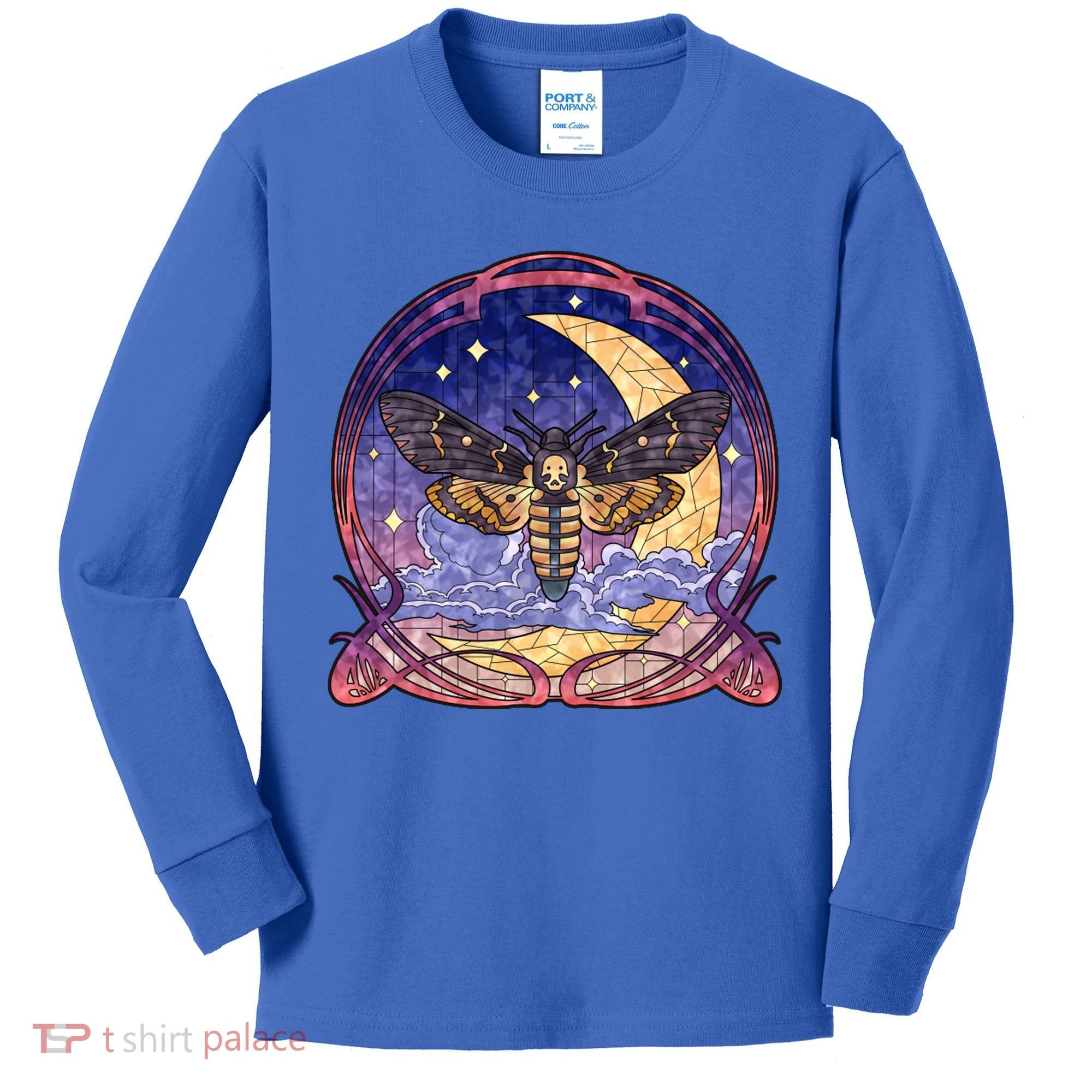 Stained Glass Moth Butterfly Moon Crest Kids Long Sleeve Shirt