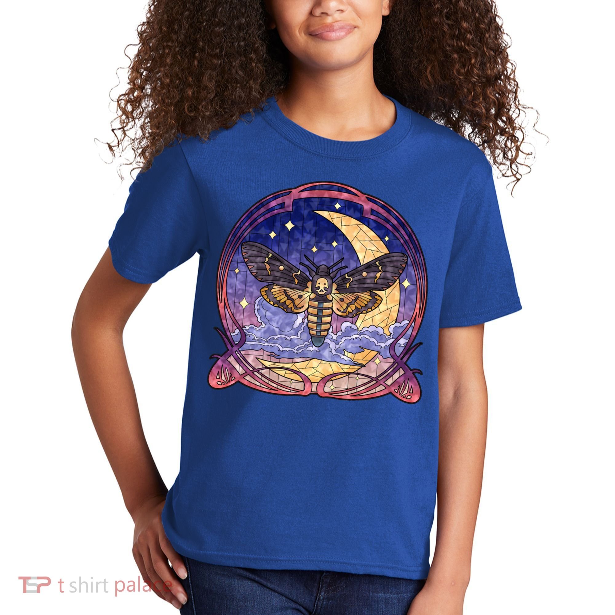 Stained Glass Moth Butterfly Moon Crest Kids T-Shirt