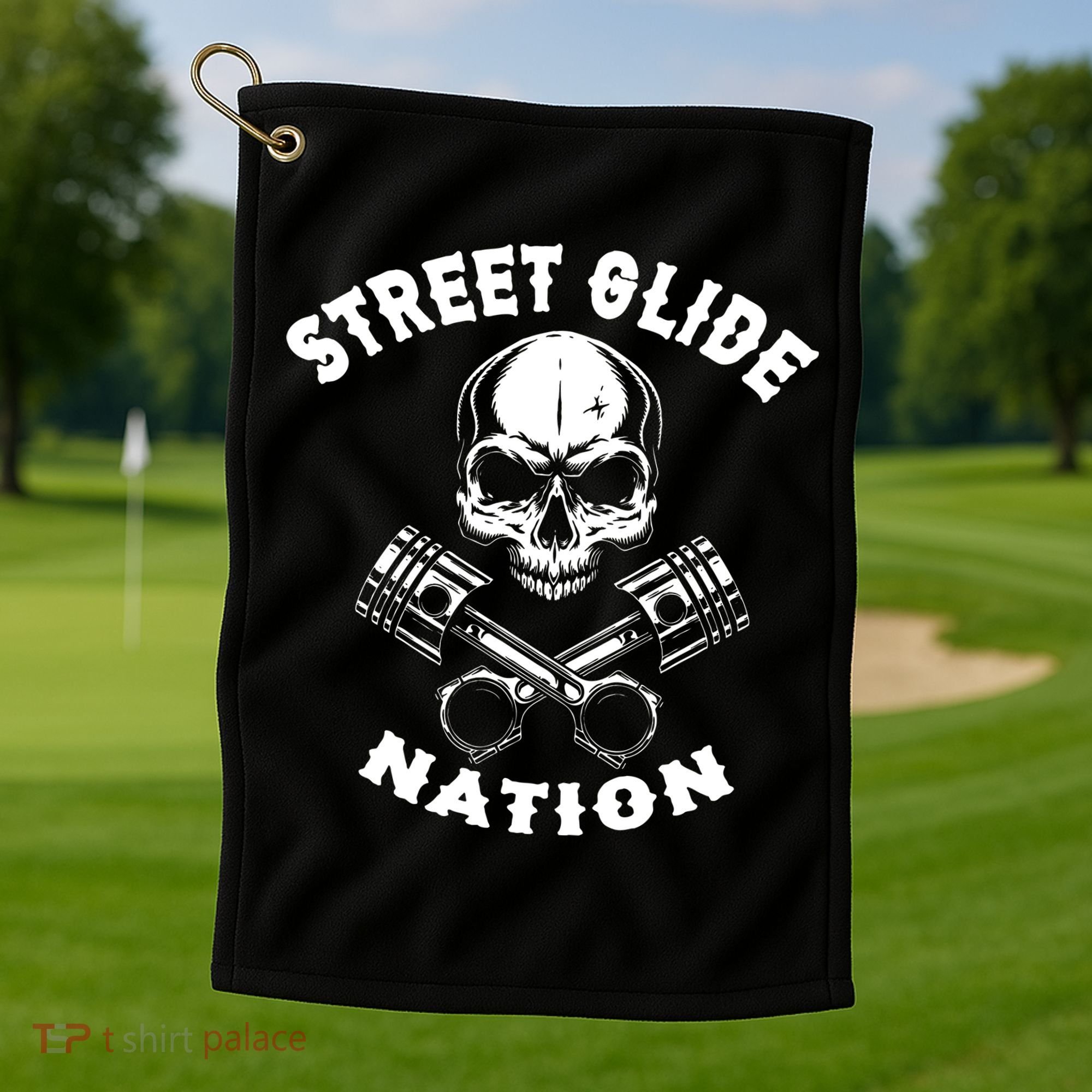 Street Glide Nation Skull And Pistons Biker  Golf Towel