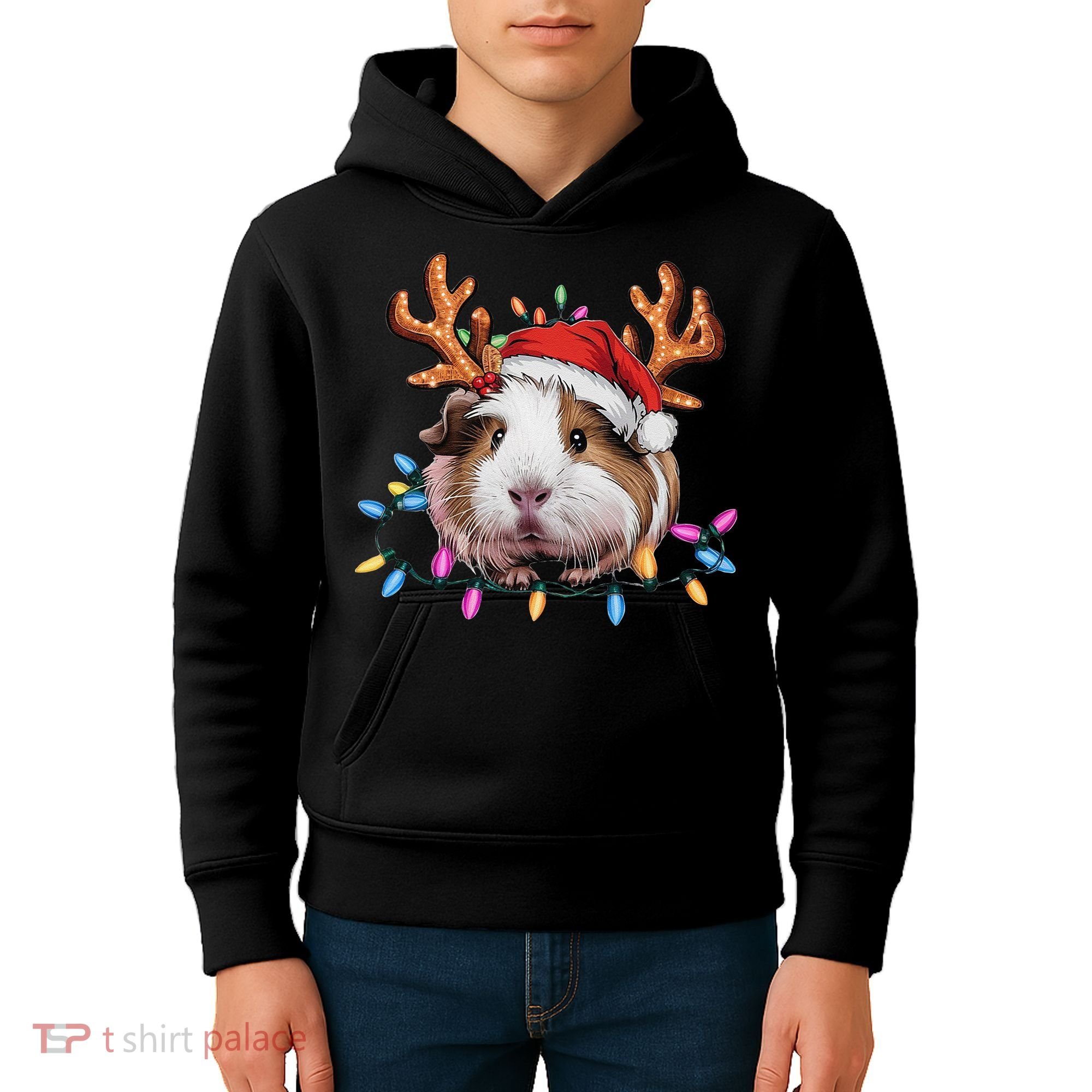 Santa Guinea Pig Christmas Lights Guinea Pig Reindeer Xmas Kids Hoodie