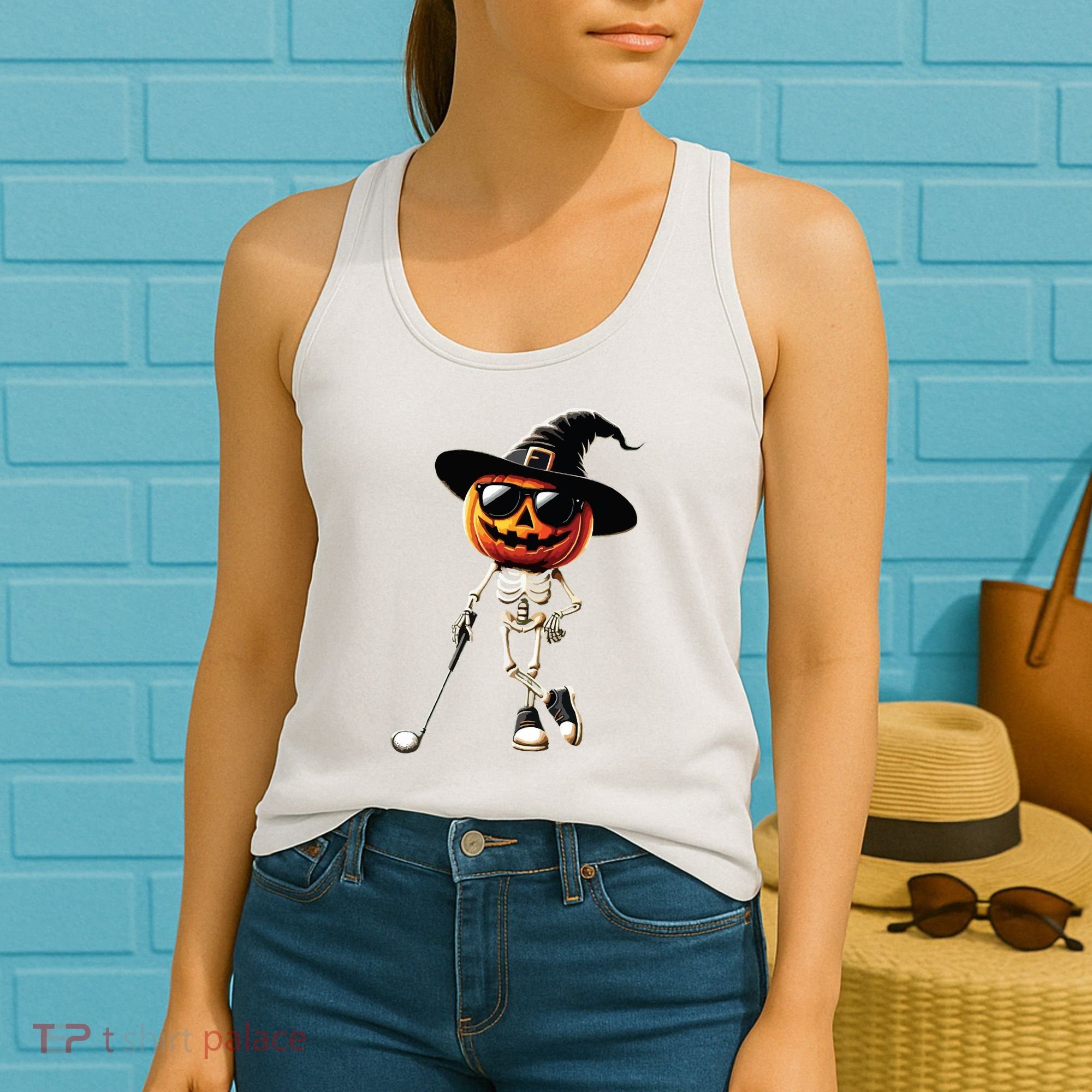 Skeleton Golf Pumpkin Golfing Golfer Halloween Costume Idea Women's Tank Top