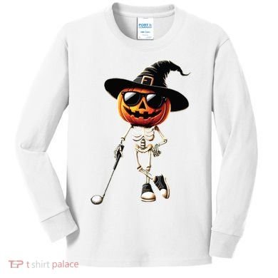 Skeleton Golf Pumpkin Golfing Golfer Halloween Costume Idea Kids Long Sleeve Shirt