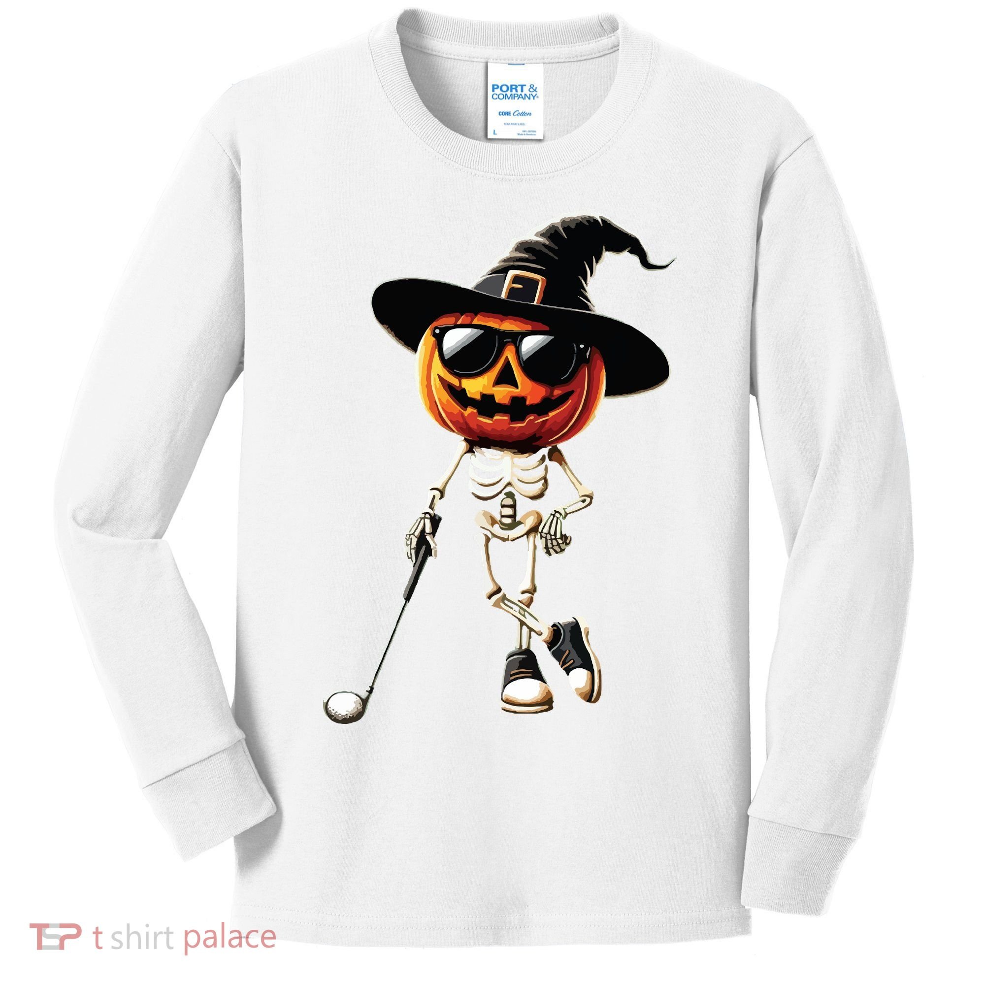 Skeleton Golf Pumpkin Golfing Golfer Halloween Costume Idea Kids Long Sleeve Shirt