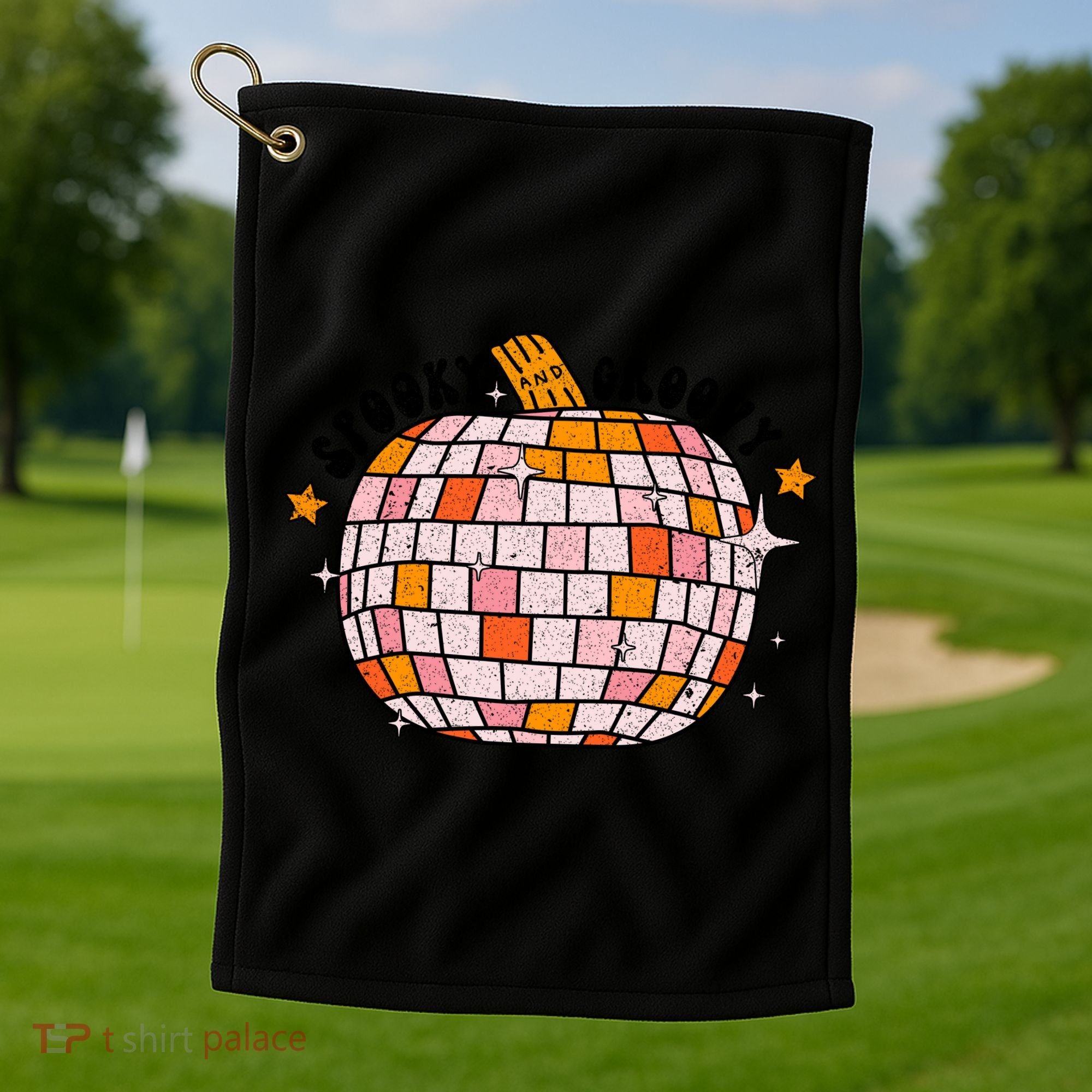 Spooky Groovy Pumpkin Halloween Day Retro Halloween Golf Towel