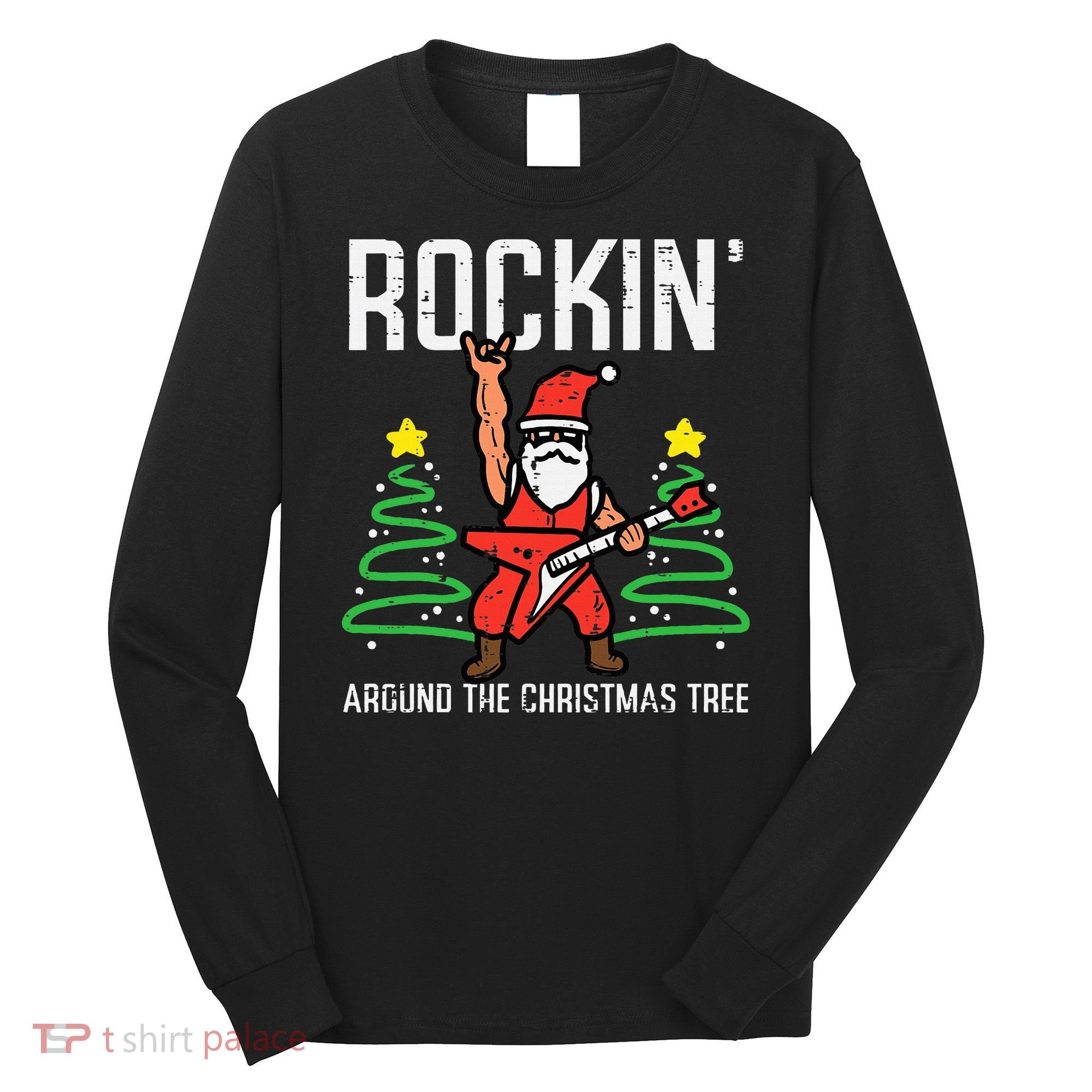 Santa Guitar Rockin Christmas Tree Funny Xmas Rocker Long Sleeve Shirt