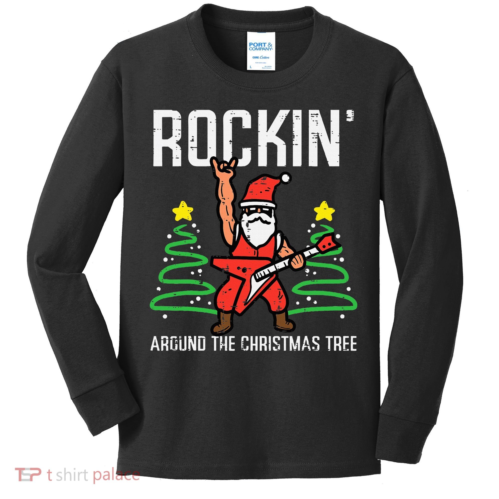 Santa Guitar Rockin Christmas Tree Funny Xmas Rocker Kids Long Sleeve Shirt