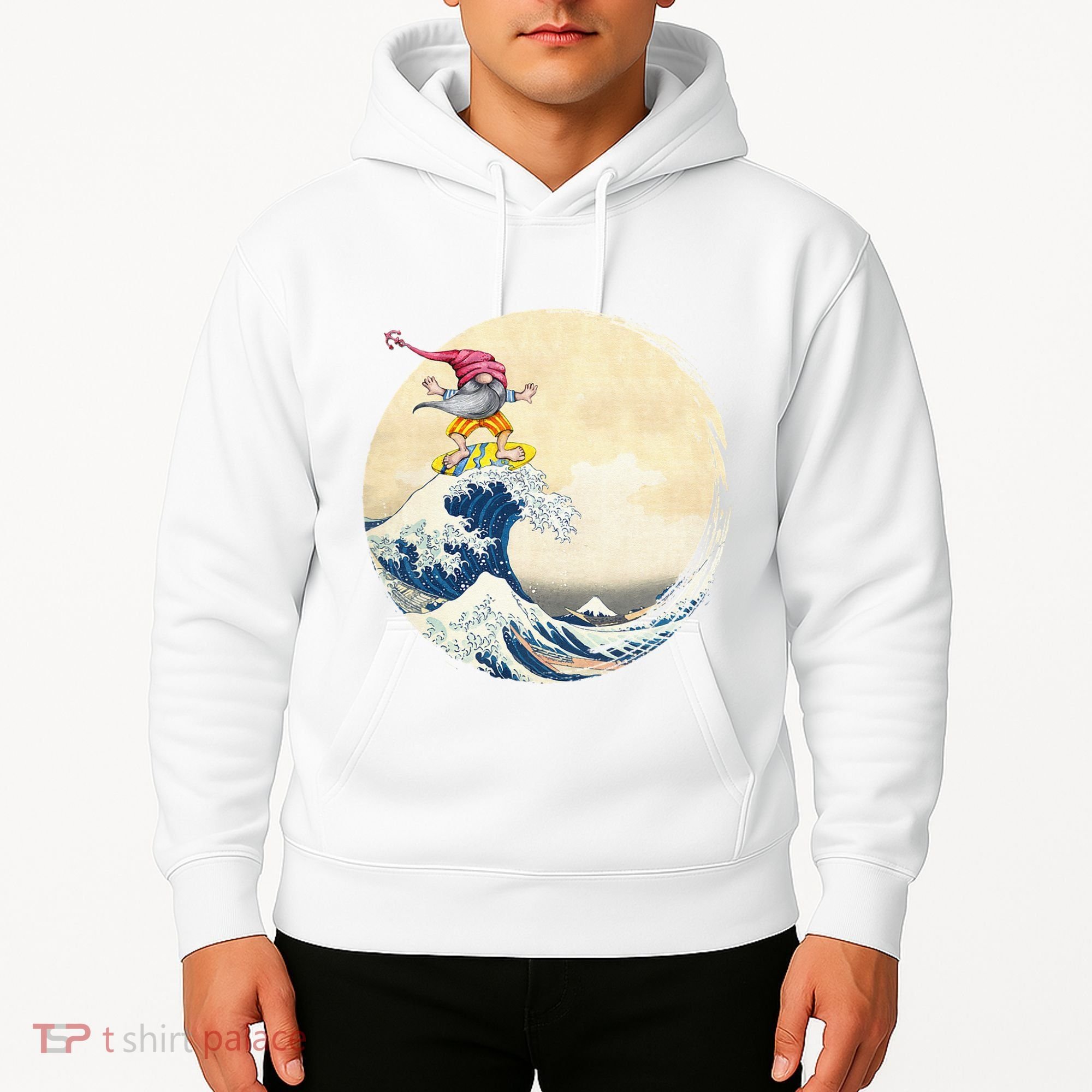 Surfing Gnome Riding Great Wave Off Kanagawa Gnome Hoodie