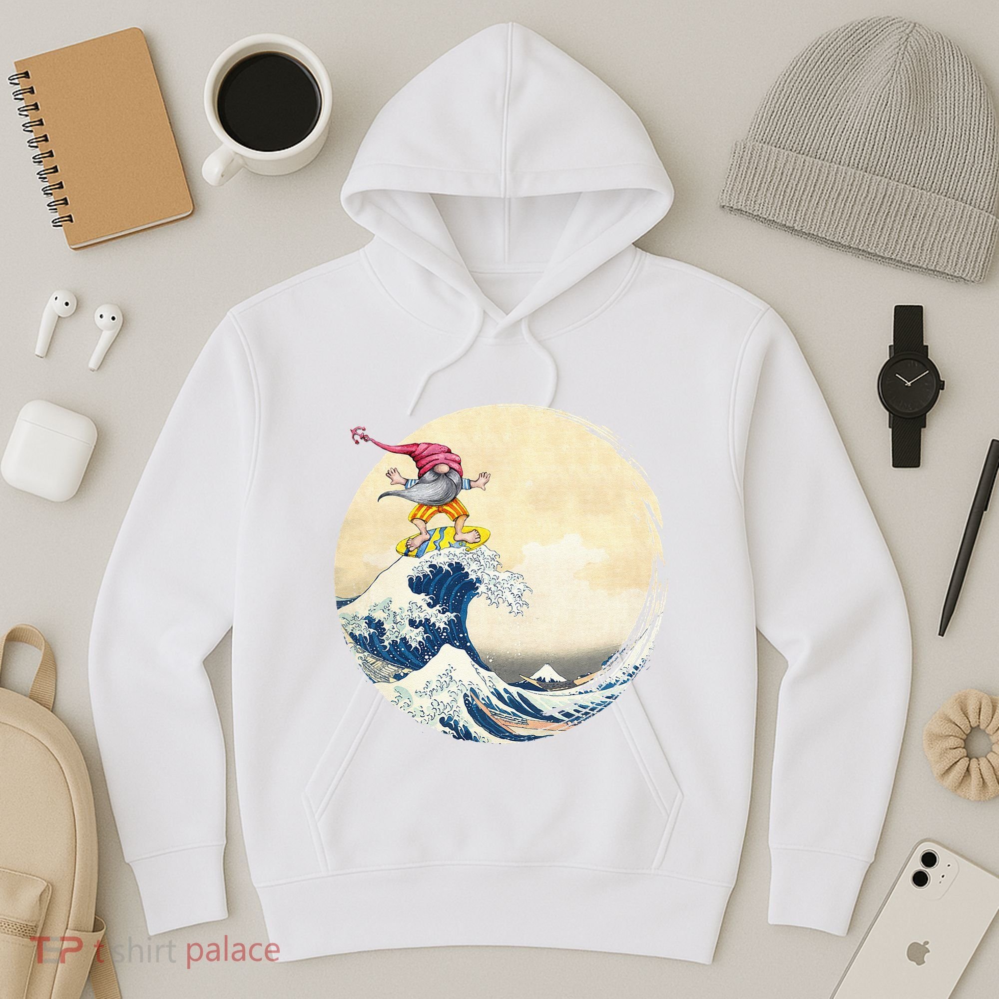 Surfing Gnome Riding Great Wave Off Kanagawa Gnome Hoodie