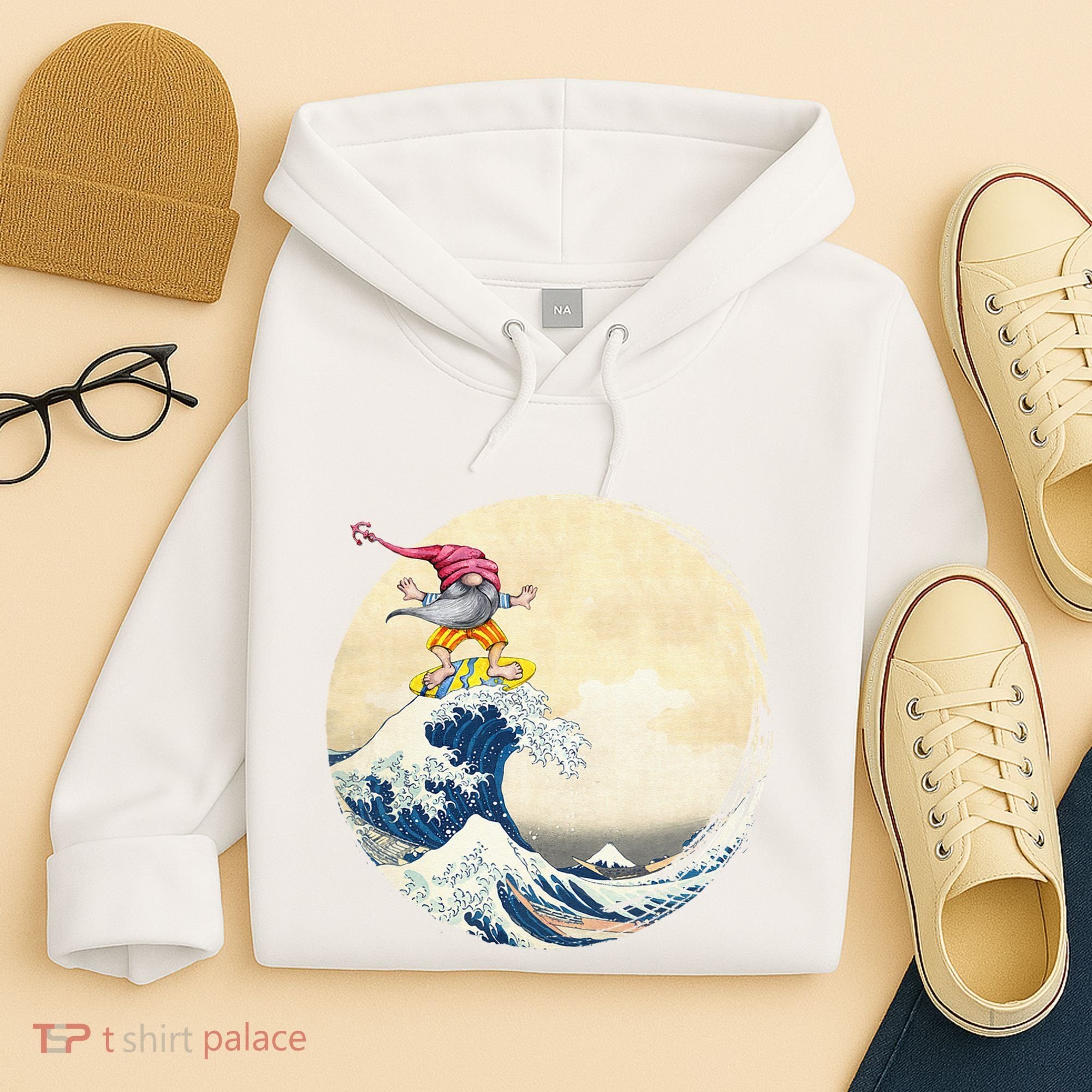 Surfing Gnome Riding Great Wave Off Kanagawa Gnome Hoodie