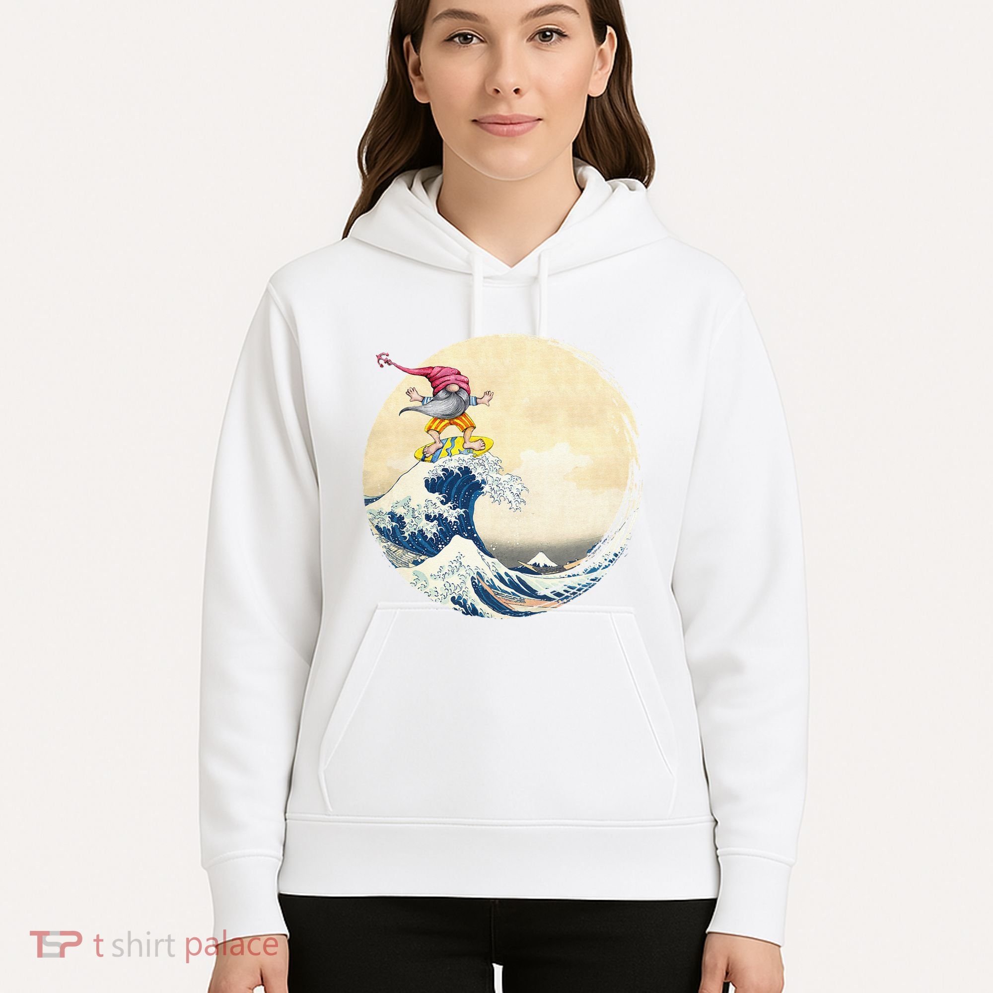 Surfing Gnome Riding Great Wave Off Kanagawa Gnome Hoodie