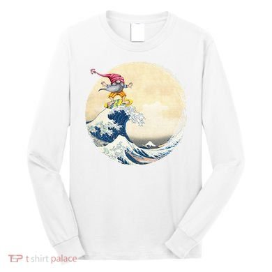 Surfing Gnome Riding Great Wave Off Kanagawa Gnome Long Sleeve Shirt