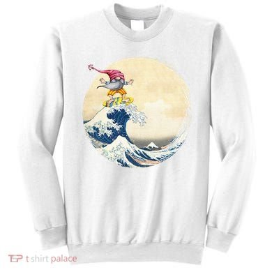 Surfing Gnome Riding Great Wave Off Kanagawa Gnome Sweatshirt