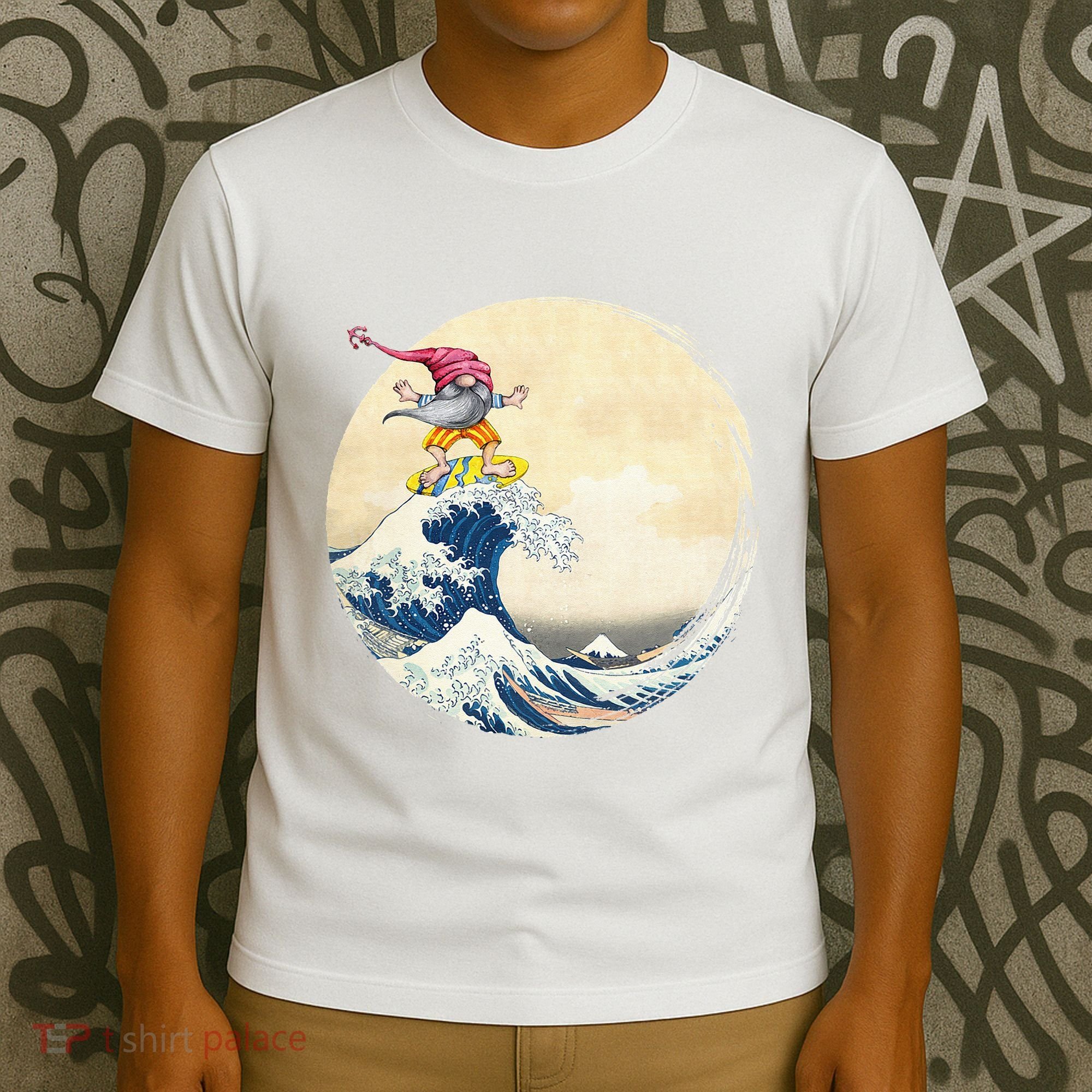 Surfing Gnome Riding Great Wave Off Kanagawa Gnome T-Shirt