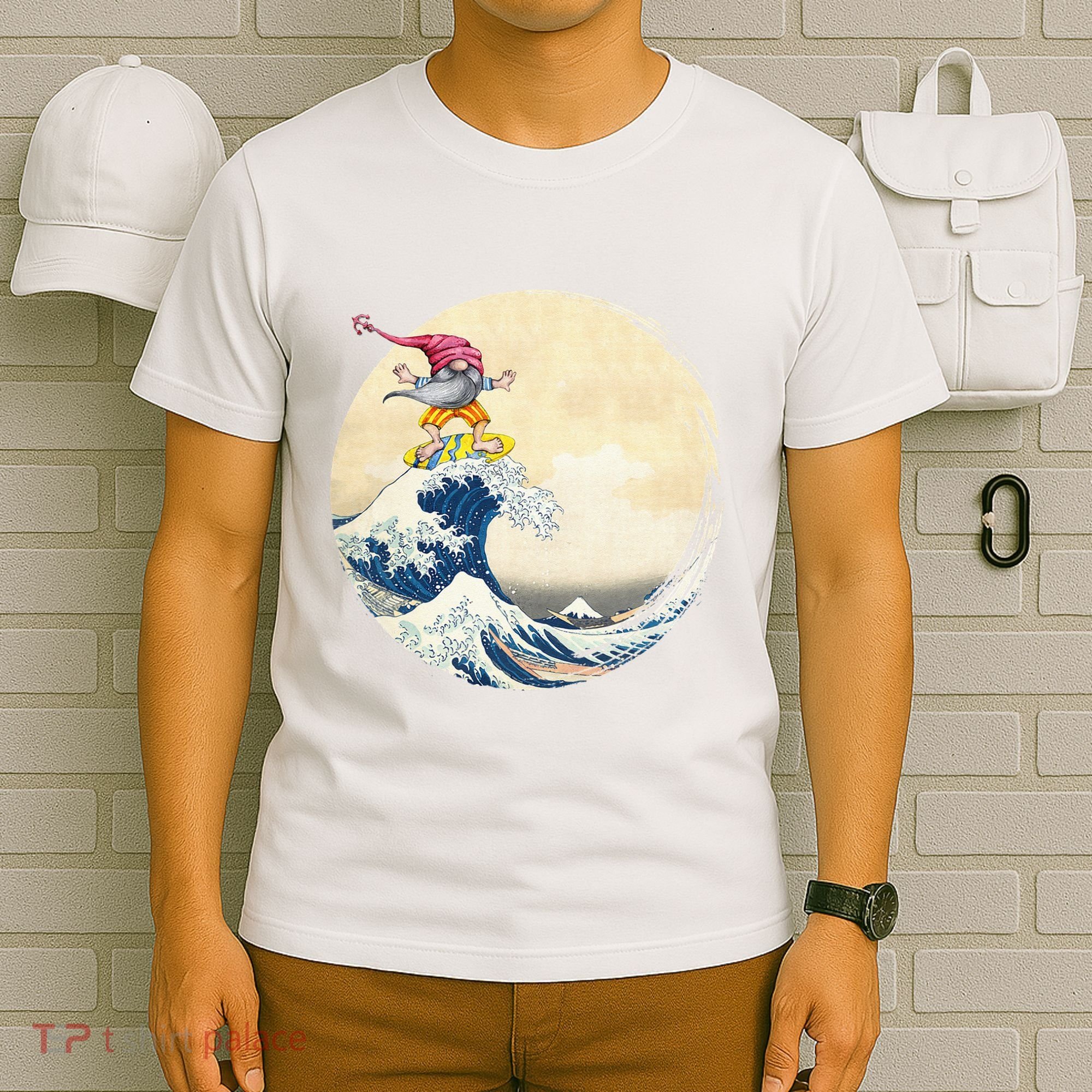 Surfing Gnome Riding Great Wave Off Kanagawa Gnome T-Shirt
