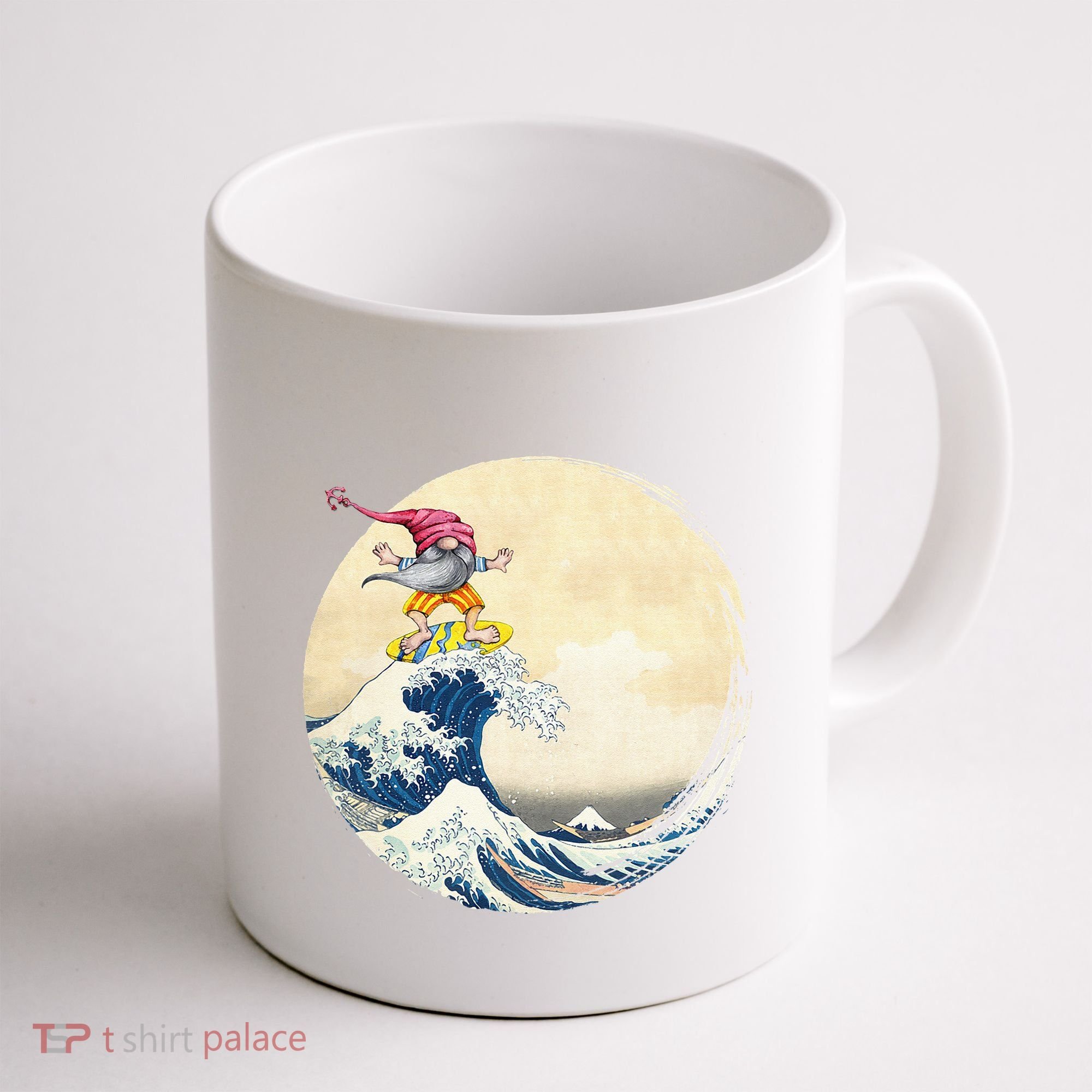 Surfing Gnome Riding Great Wave Off Kanagawa Gnome Coffee Mug
