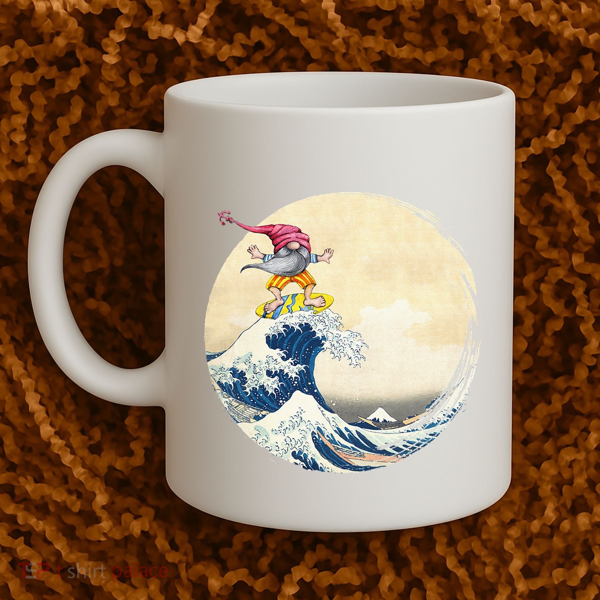 Surfing Gnome Riding Great Wave Off Kanagawa Gnome Coffee Mug